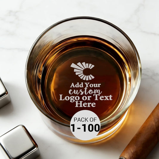 Bottom Engraved Whiskey & Bourbon Glass Set with Custom Logo - 12oz Personalized Scotch Glasses Bulk Pack, Set of 6/12/100, Ideal Gifts for Men Him, Anniversary, Retirement, Corporate Events