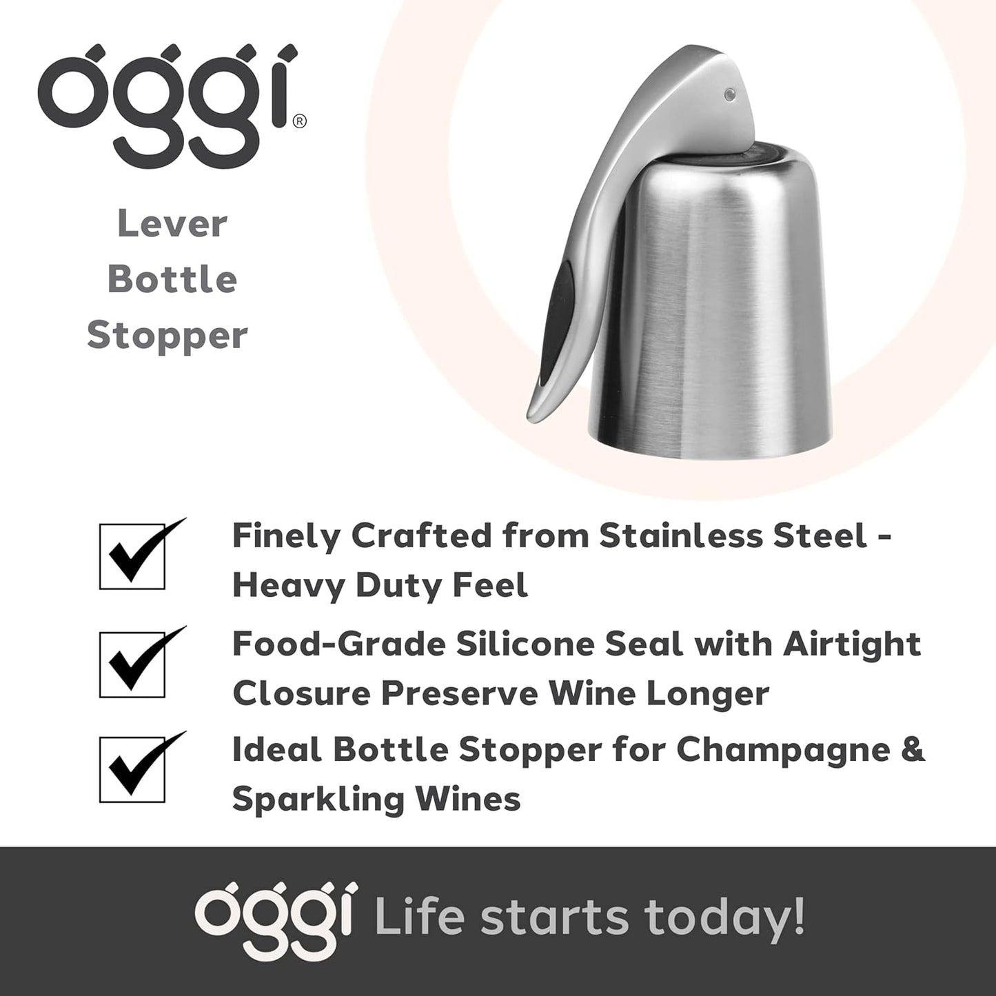 Oggi Bottle Stopper, Lever, Stylish Wine Topper (7653.)