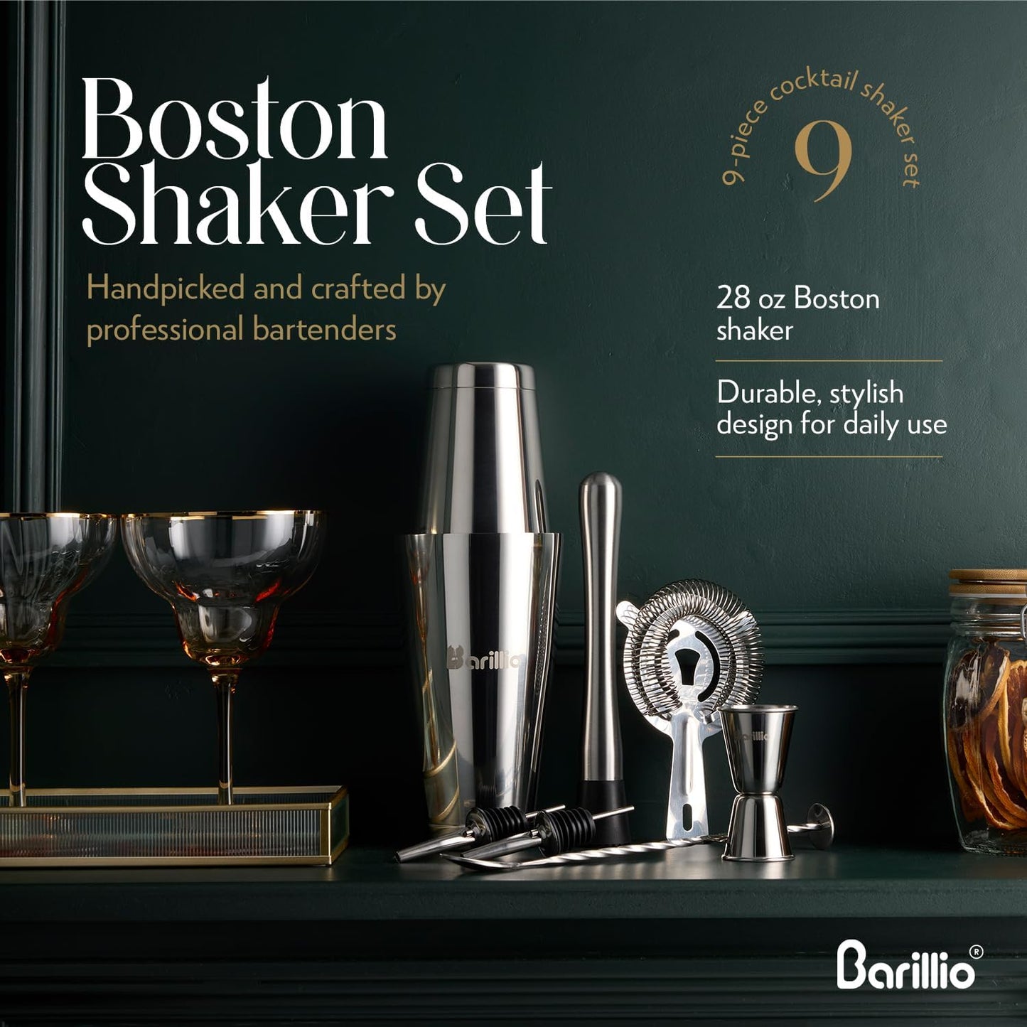 Barillio Boston Shaker Set - Stainless-Steel, Weighted, Martini Cocktail Shaker Set w/Strainer & Mixer - Mixology Bartender Kit - Bar Set for The Home - 9-pc Drink Shaker Set - Bar Tools - Silver