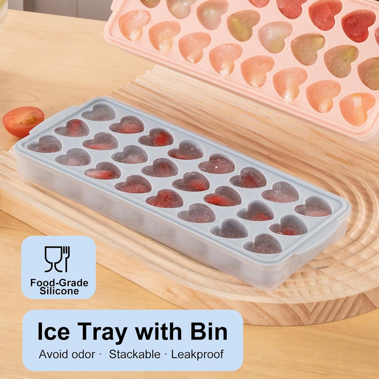 2 Pack Heart Shpaed Ice Cube Trays with Lids and Bins Ice Molds with Ice Storage Box, 48 Holes Silicone Heart Ice Cube Tray for Whiskey Cocktail Fun Shapes Cubes, with Lids & Bins