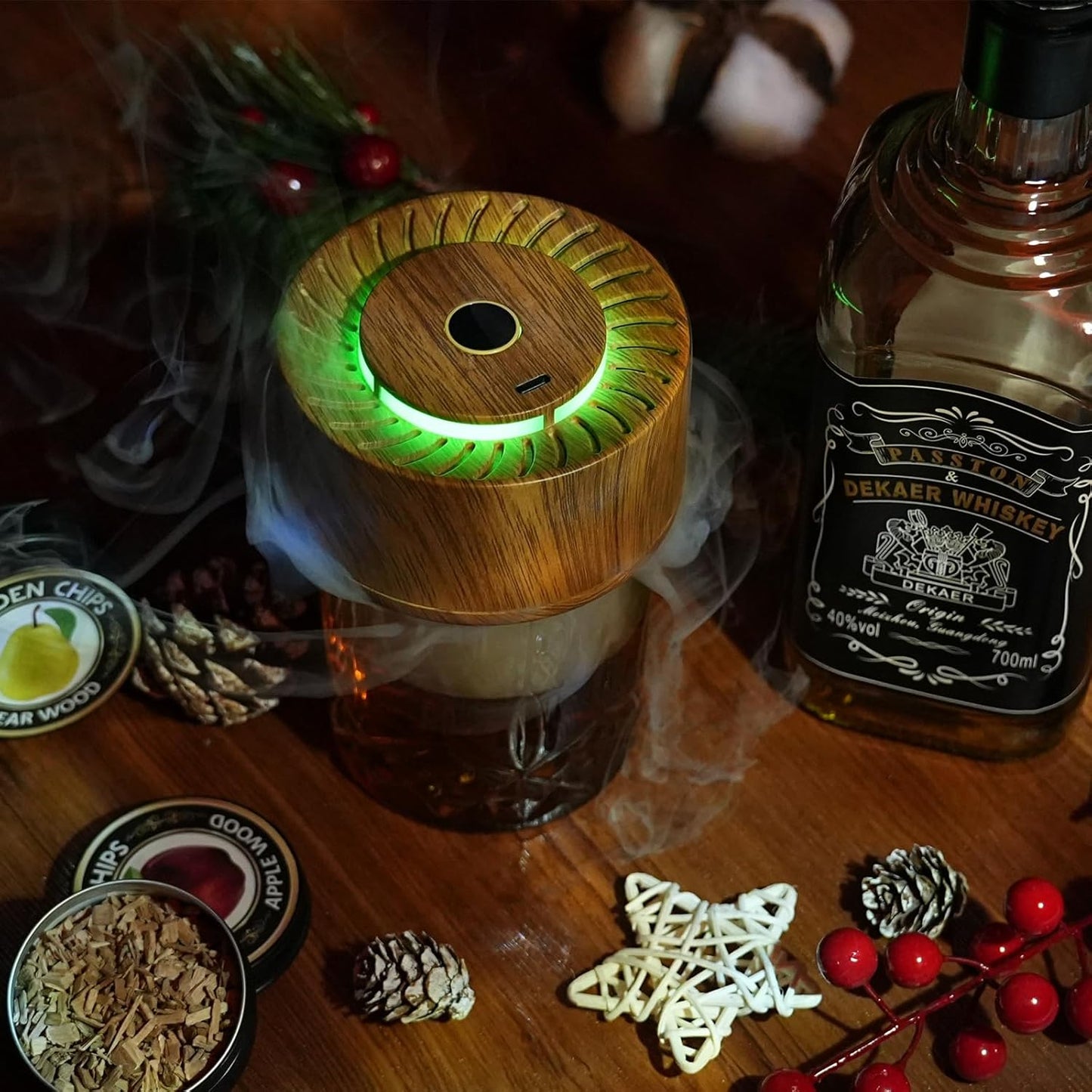 Whiskey Smoker Kit - Electric Cocktail Smoker with Wooden Barrel Case and 8 Flavors Wood Chips, Old Fashioned Smoker Kit Bourbon Gifts for Men