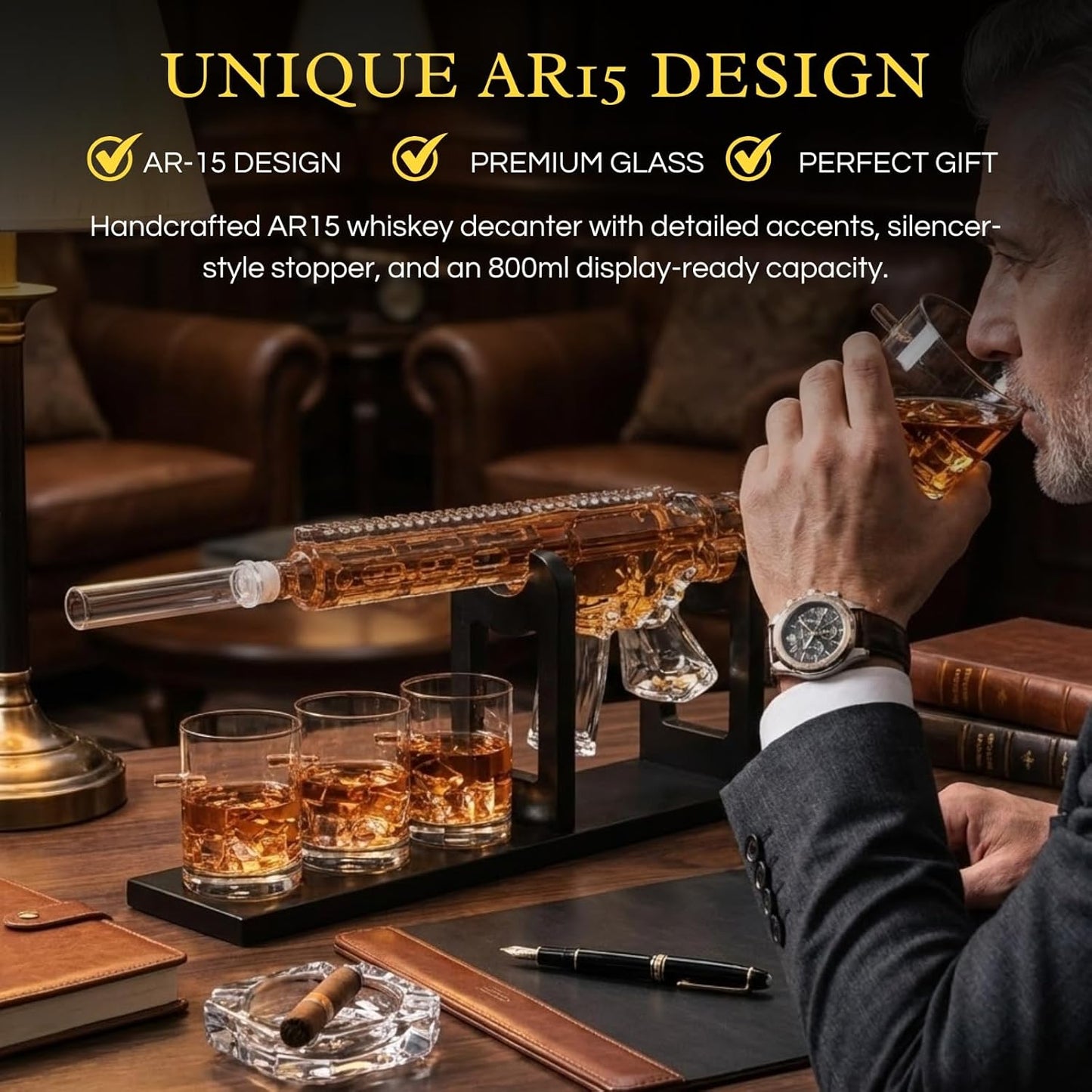 AR15 Gun Decanter Birthday Gifts for Men Dad, Whiskey Set - Rifle Limited Edition, Silencer Stopper - 800 ml & 12oz Bullet Glasses - Father Gift - Drinking Party, Liquor, Vodka Tik Tok Viral Dispenser