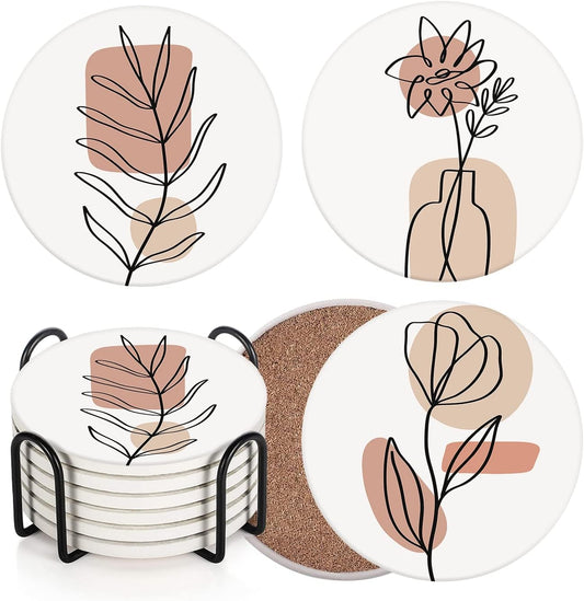 Britimes Table Coaster for Drinks Set of 6, Flowers Beauty Woman Boho One Coffee Absorbent Round Ceramic Stone Mat, with Cork Base and Metal Holder, Gift for Housewarming Room Bar Decor