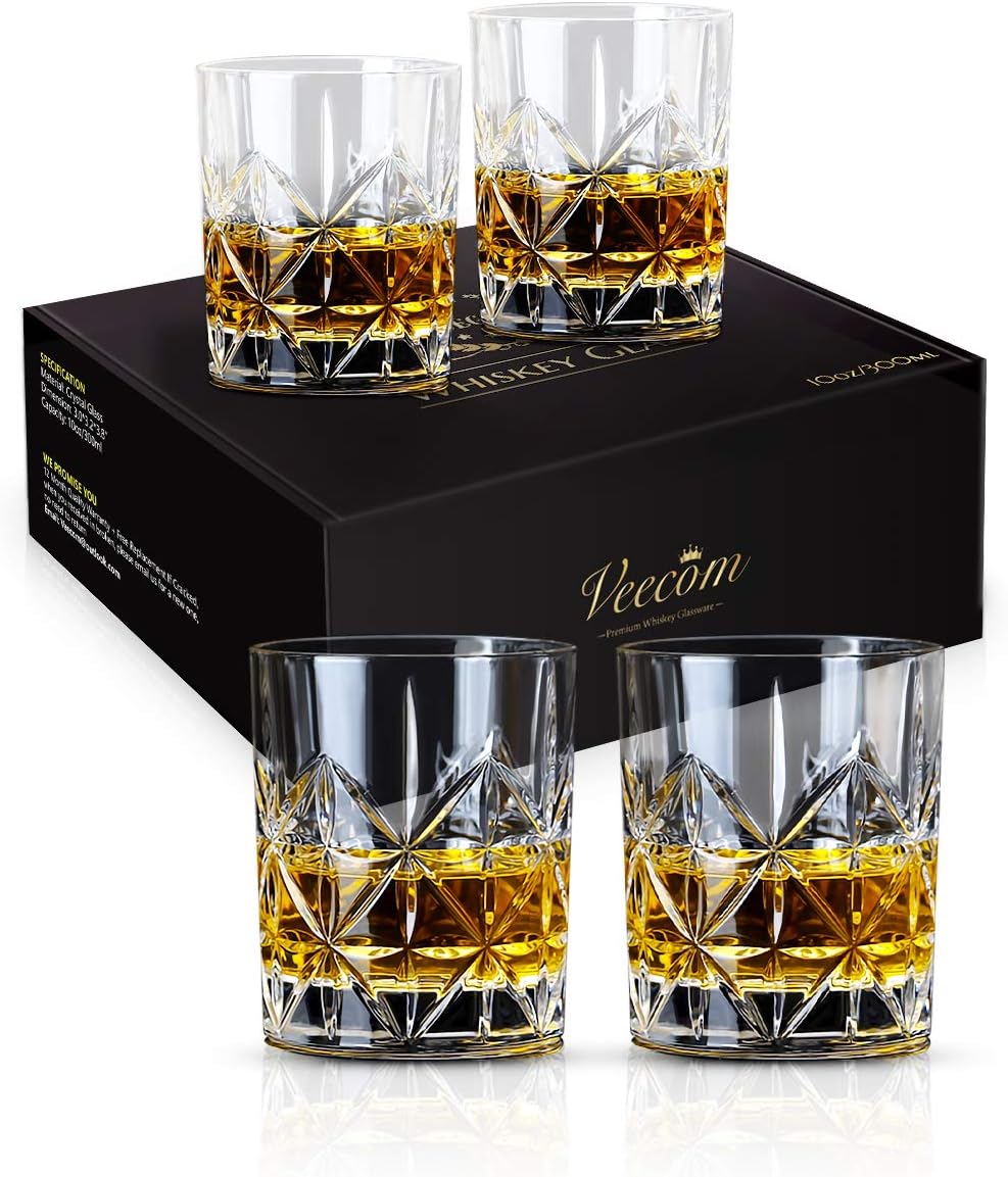 Whiskey Glass, Whiskey Glasses Set of 4, 10 oz Thick Bottom Old Fashioned Rock Glasses for Men, Father's Day, Premium Whisky Gifts for Bourbon, Scotch, Cocktail(Glass Set 4)