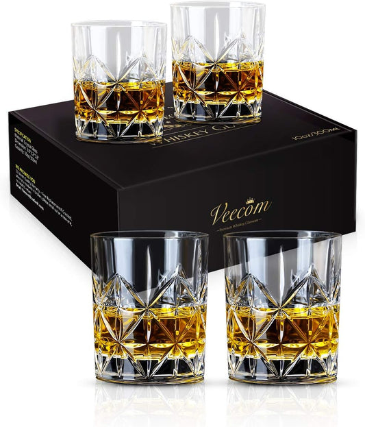 Whiskey Glass, Whiskey Glasses Set of 4, 10 oz Thick Bottom Old Fashioned Rock Glasses for Men, Father's Day, Premium Whisky Gifts for Bourbon, Scotch, Cocktail(Glass Set 4)