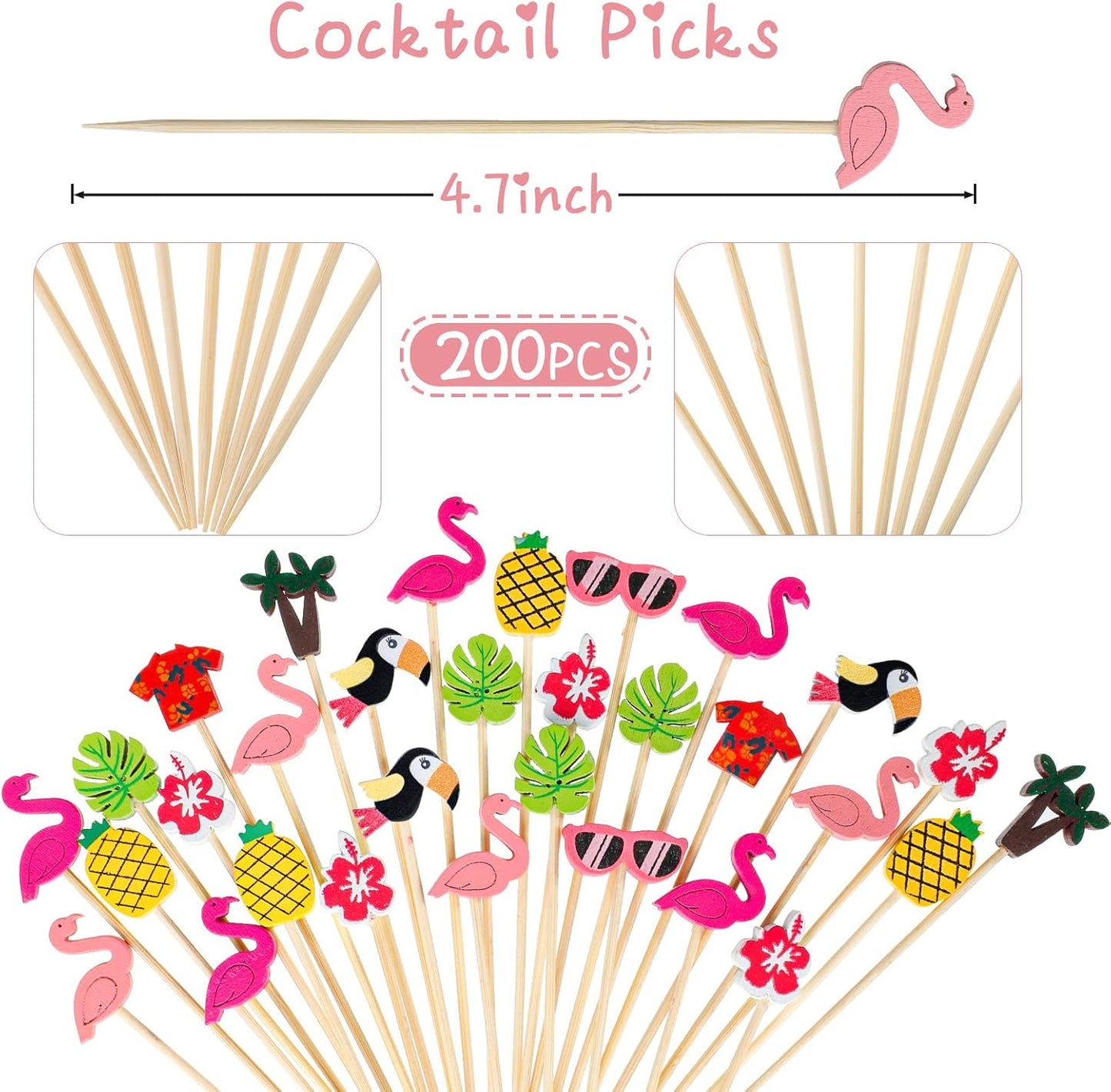 Hawaiian Luau Assorted Picks Tropical Cocktail Bamboo Toothpicks Flamingo Pineapple Beach Toucan Palm Leaf Handmade for Appetizers Food Drinks Luau Hawaii Beach Holiday Party Supplies (100 Pieces)
