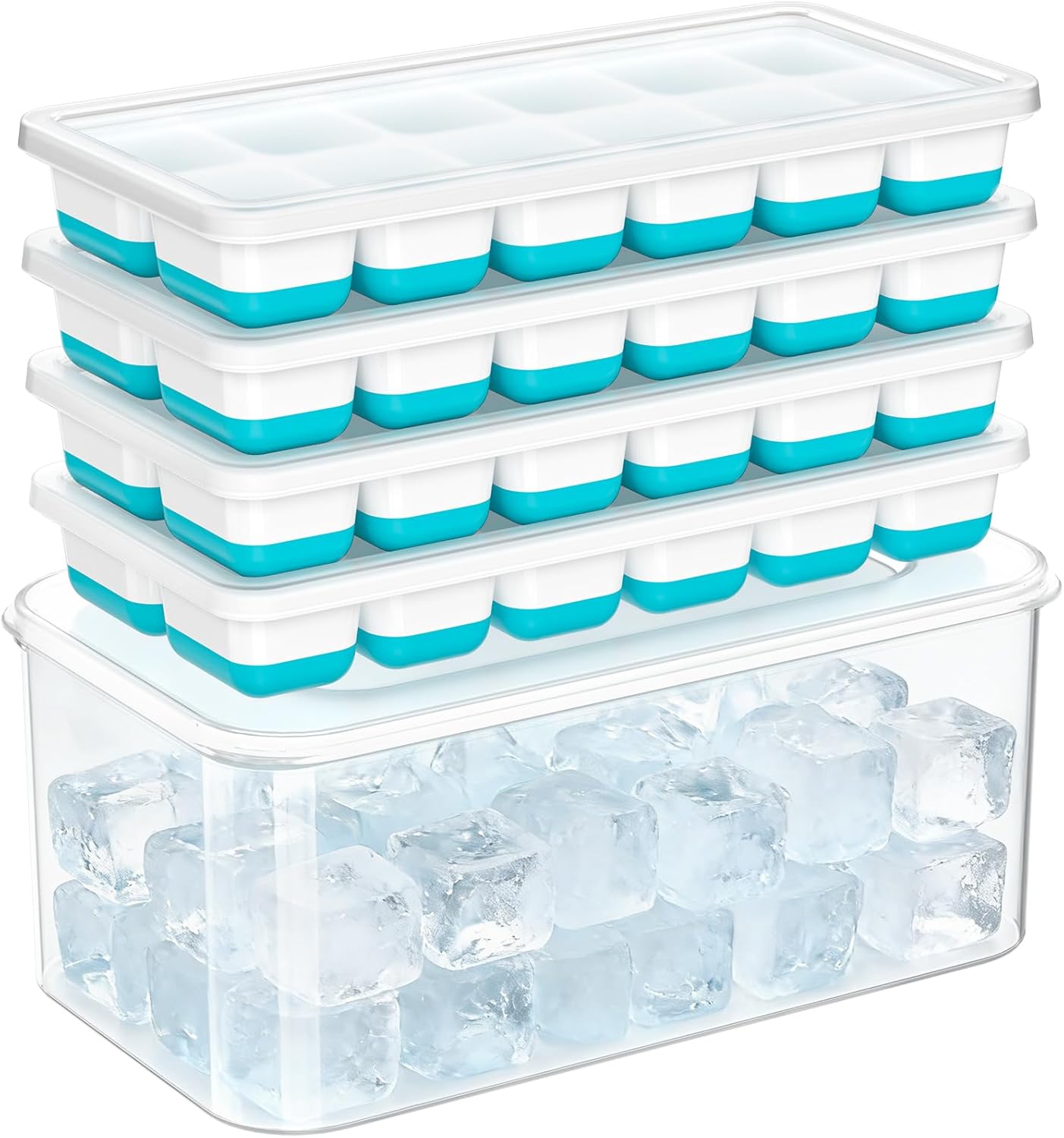NFK Ice Cube Tray with Lid & Bin - 4 Pack 48 Cubes Stackable Silicone Trays for Freezer with Storage Container, Leak-Proof Lids, BPA-Free, Easy Release for Kitchen, RV, Party, Cocktail & Coffee