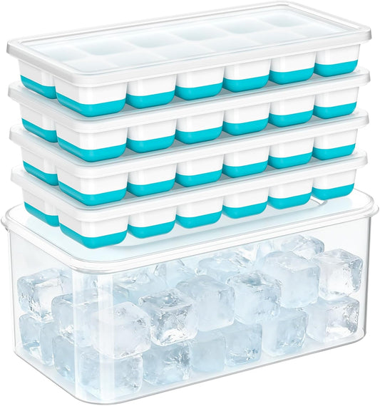 NFK Ice Cube Tray with Lid & Bin - 4 Pack 48 Cubes Stackable Silicone Trays for Freezer with Storage Container, Leak-Proof Lids, BPA-Free, Easy Release for Kitchen, RV, Party, Cocktail & Coffee
