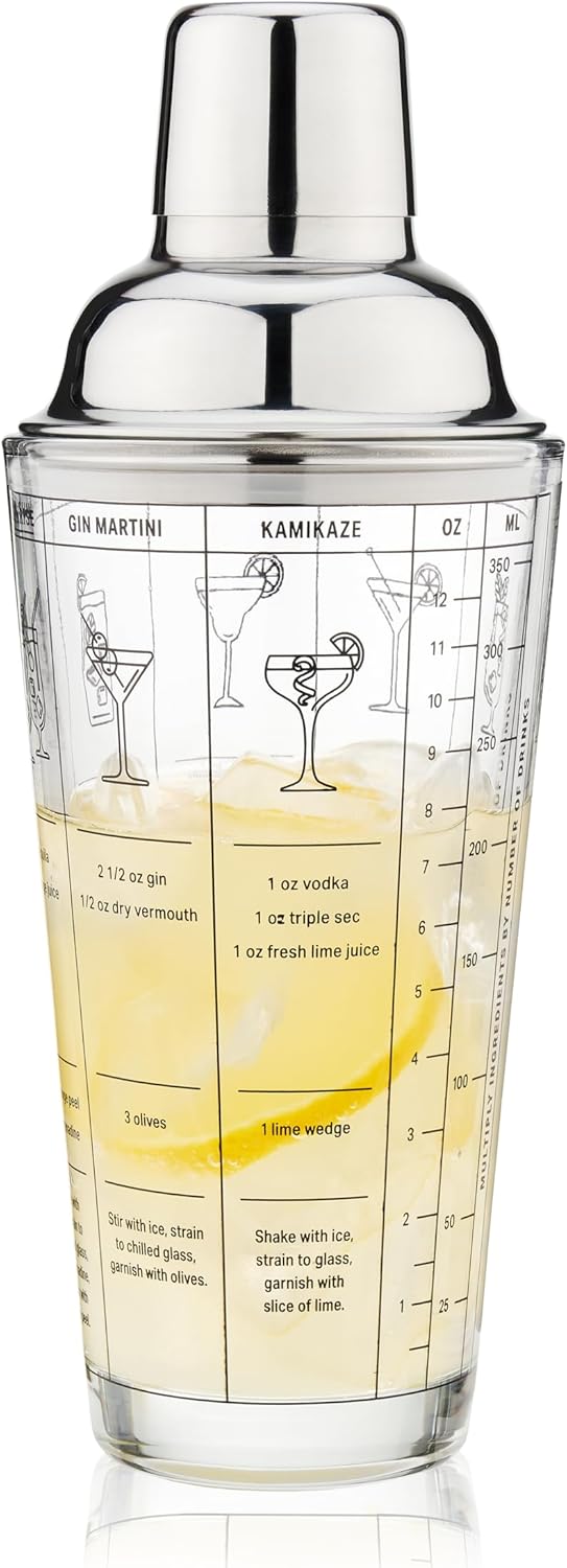 True Glass Cocktail Shaker with 7 Classic Recipes and Measurements for Cold Brew Cocktails, Home Bar Accessories, Bar Tools, Bartender Gifts, Hosting Essentials, 13.5 oz, Set of 1, Clear