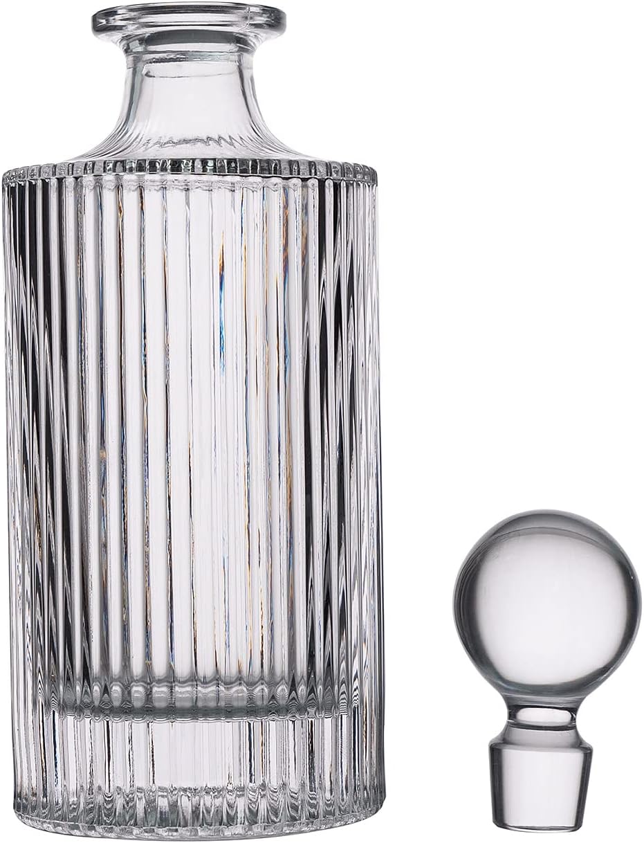 Whiskey Decanter and Glass Stopper 27 oz Round Ribbed Decanter for Whiskey, Bourbon, Brandy, Liquor, and Rum