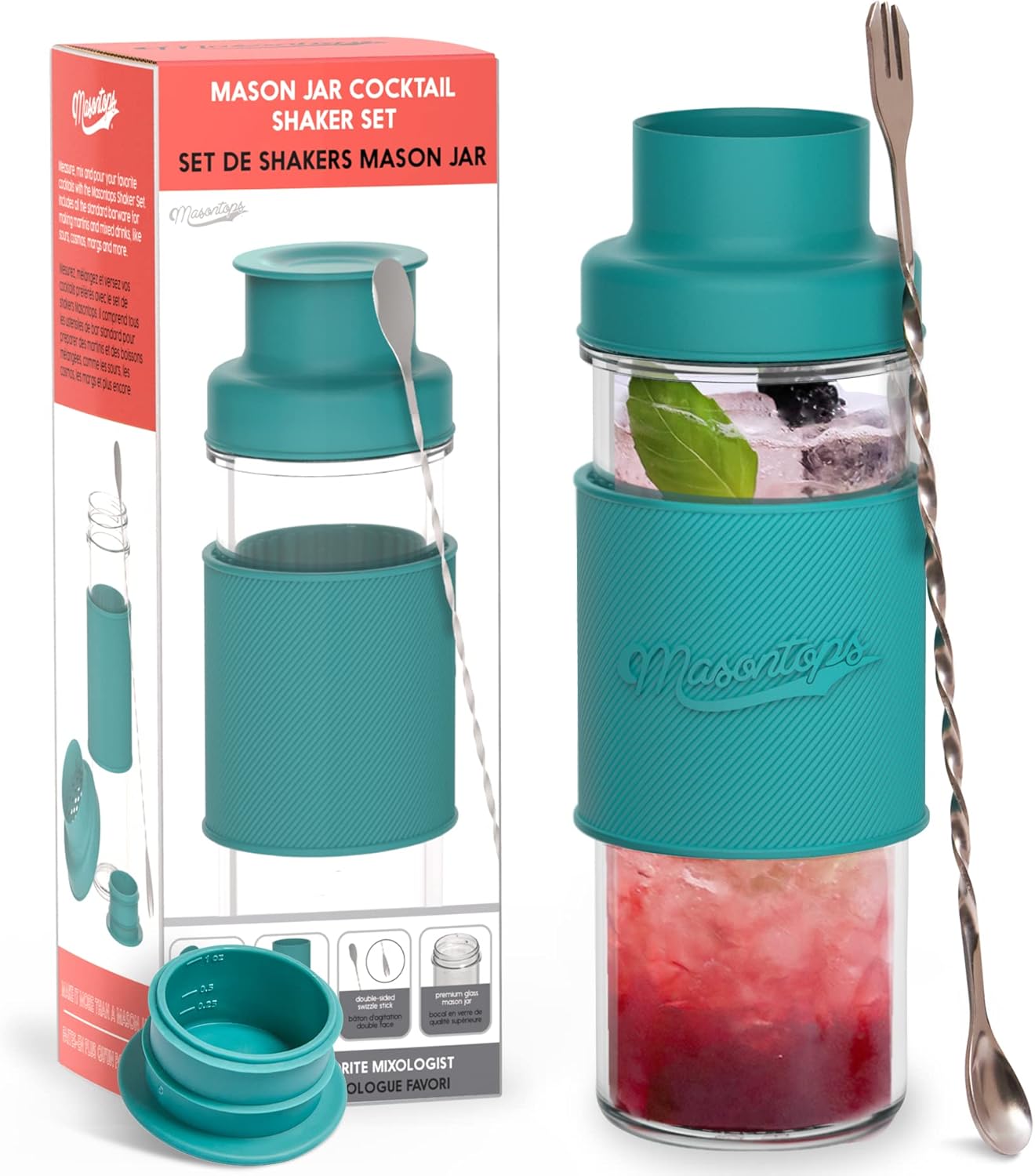 Masontops Cocktail Shaker Set – Glass Mason Jar Drink Shaker – 4 PC Set with Metal Swizzle Stick - Teal