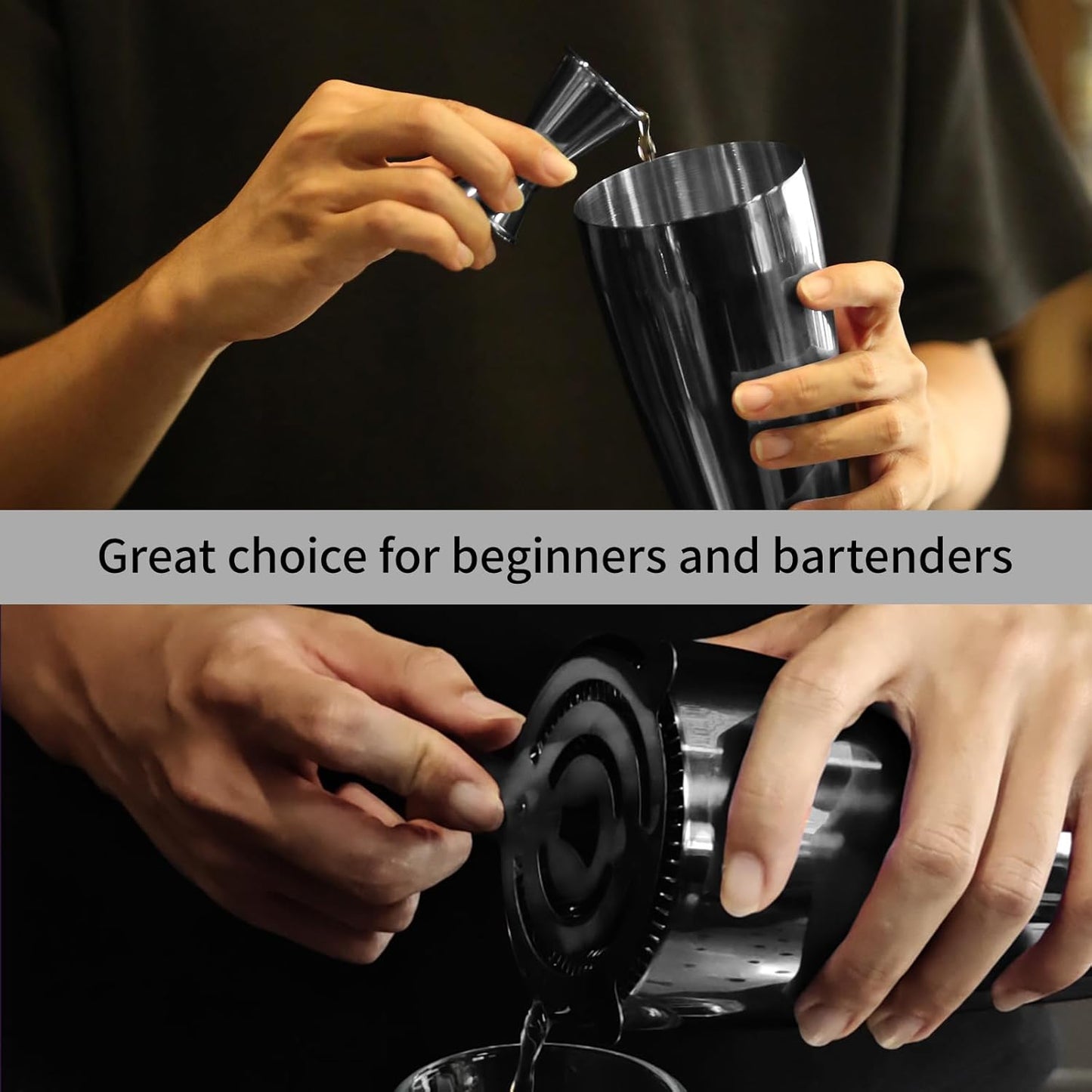 Safring Boston Cocktail Shaker Bar Set, Weighted Boston Shaker Tins, Bartender Kit with 18oz & 28oz Mixed Drink Shaker, Hawthorne Strainer, Double Measuring Jigger - Black