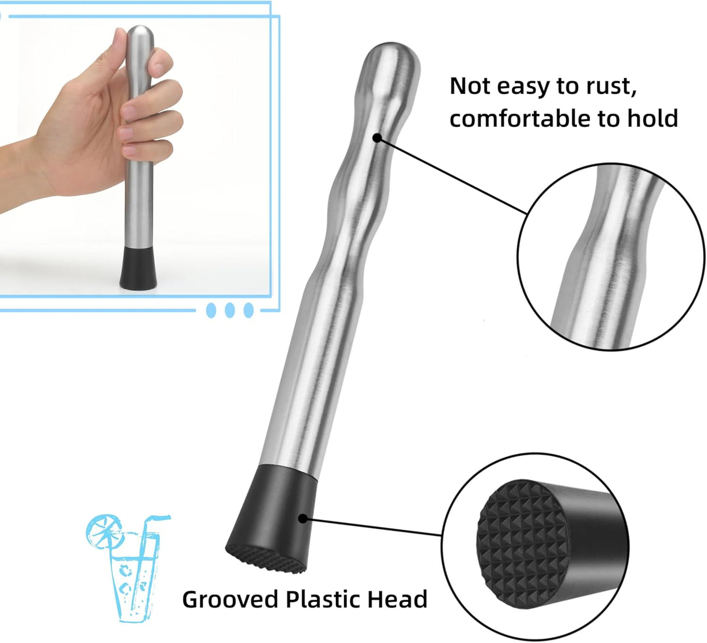 8'' & 12" Stainless Steel Cocktail Muddler & Long Handle Mixing Spoon Set - Professional Bar Tools for Mojitos, Fruit Drinks & Craft Cocktails | Heavy-Duty Stirring & Muddler Kit