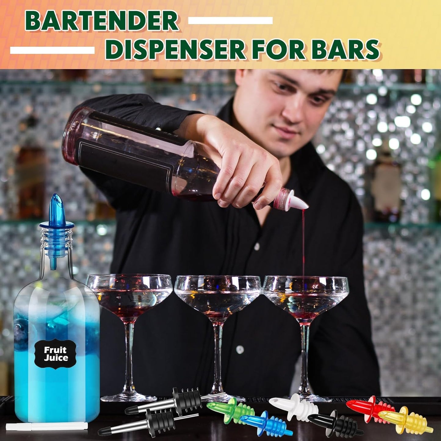 Maxcheck 6 Set 16 oz Plastic Long Neck Bottles with Rainbow Pourer and Caps Plastic Juice Pour Bottles with Stainless Steel Pourer Tapered Spout Syrup Pourers for Liquor Juice Store