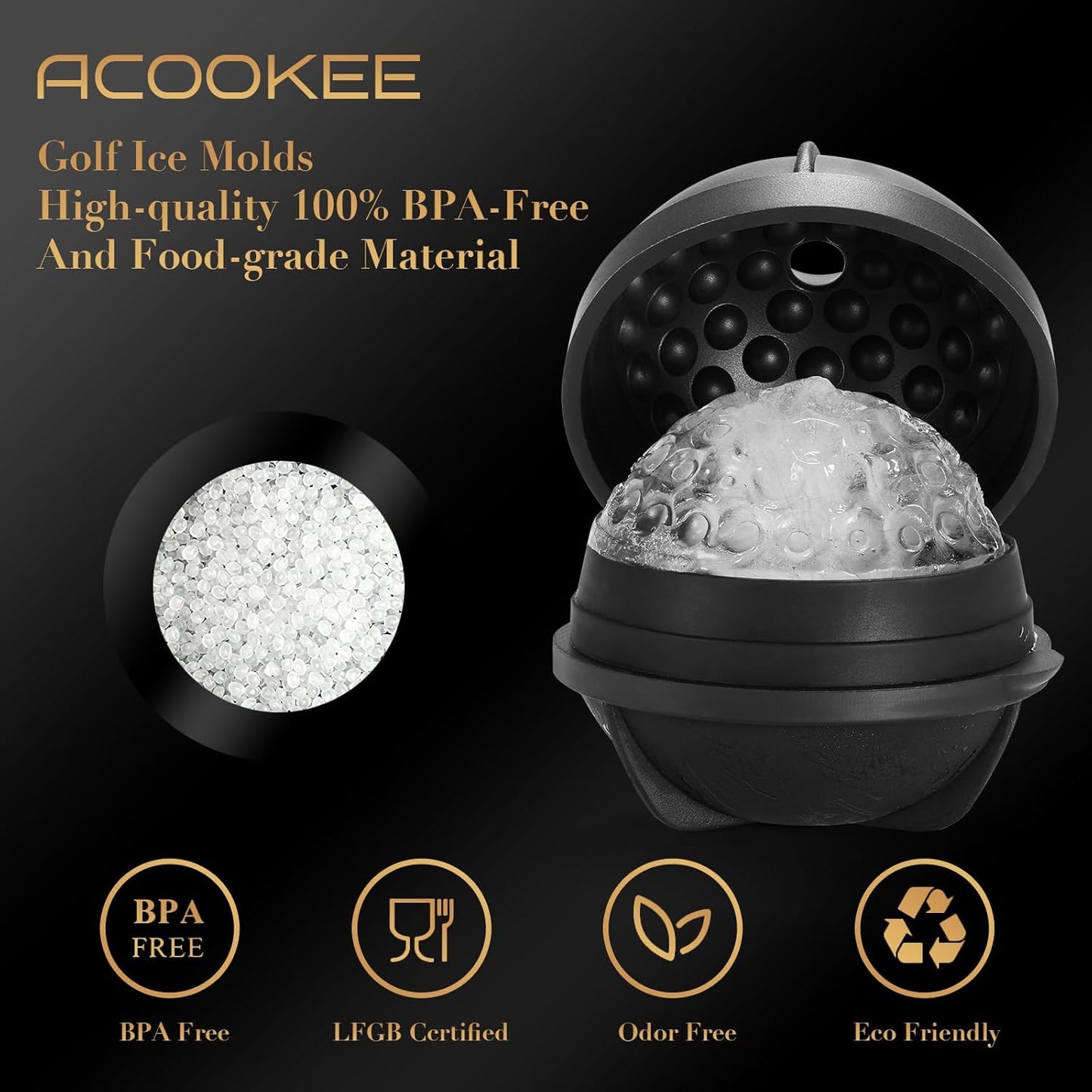 ACOOKEE Golf Gifts Ball Ice Maker Mold set of 4, 2.5" Large Sphere Round Ice Cube Mold for Whiskey, Cocktails, Coffee, Soda, Fun Drinks, and Gifts,Leak-Free, Reusable, BPA-Free