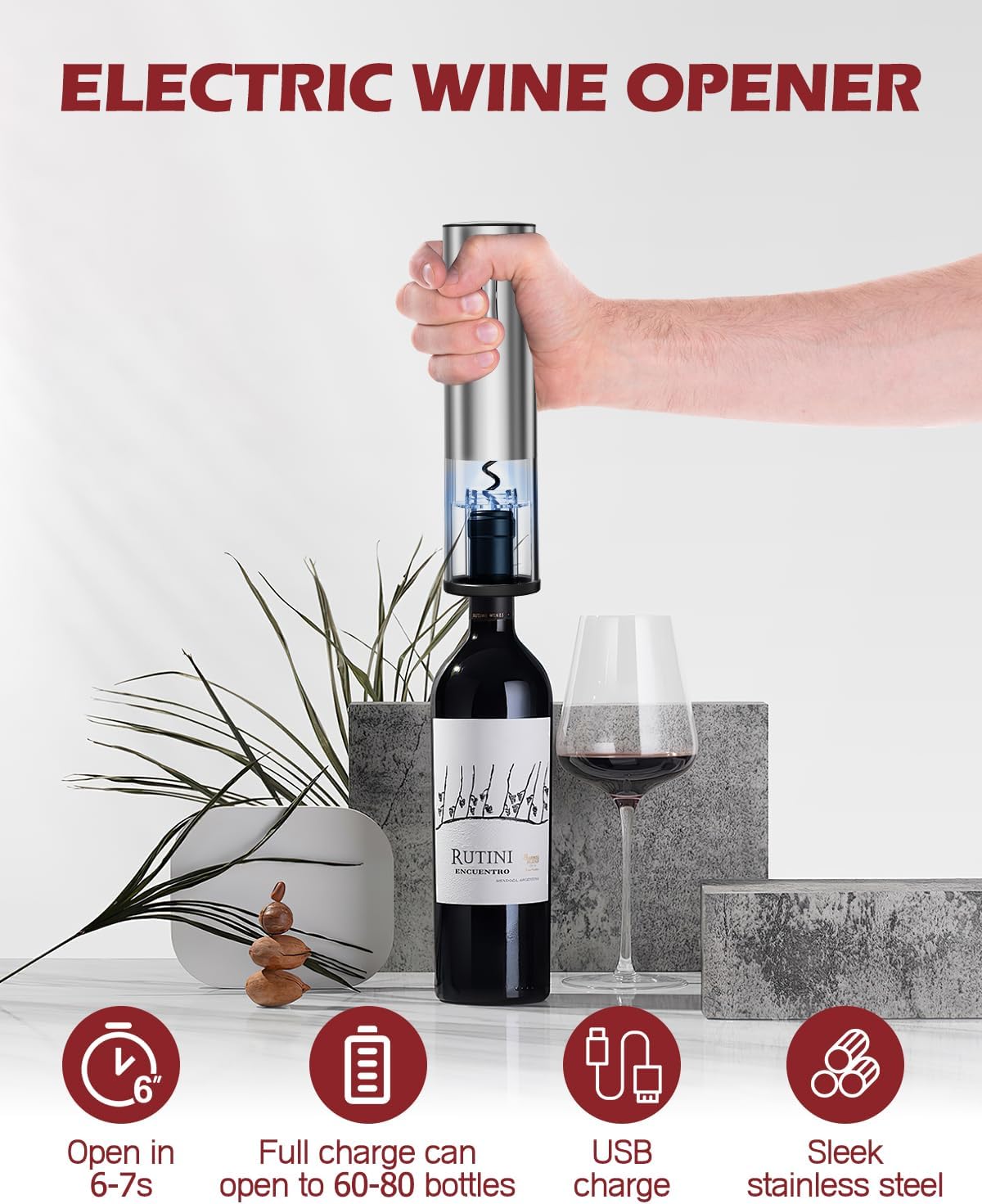 Electric Wine Opener Set, 4 in 1 Electric Wine Bottle Opener, Rechargeable Corkscrew Opener with Aerator, Foil Cutter, Vacuum Stopper, Ideal Present for Wine Lovers, Party, Wedding