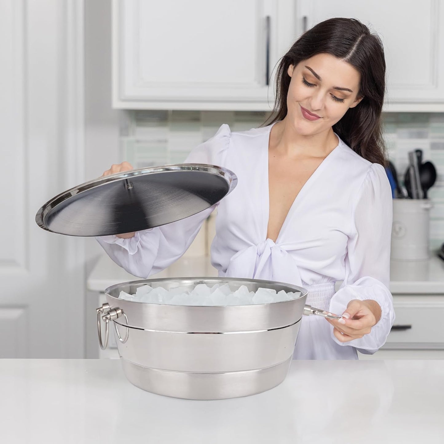 BREKX Insulated Stainless Steel Ice Bucket with Lid for Parties - Anchored Double-Walled Large Ice Bucket for Extended Chill - Champagne Bucket for Mimosa Bar Supplies