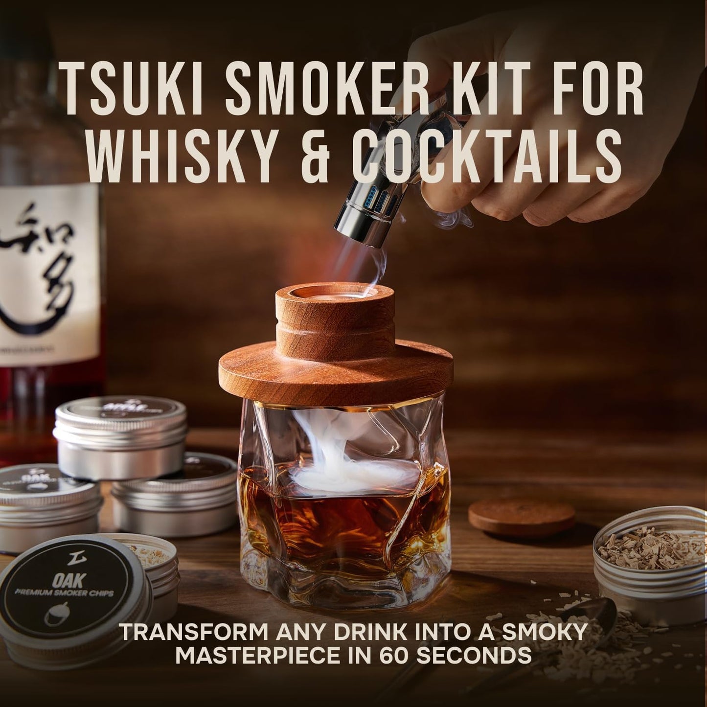 TSUKIGLASS® Premium Japanese Whisky Smoker Kit with Torch - 8 Wood Chip Flavors (200+ Drinks), Sapele Wood Top, Cocktail Infuser for Old Fashioned & Bourbon, Luxury Gift for Men, Dad (No Butane)