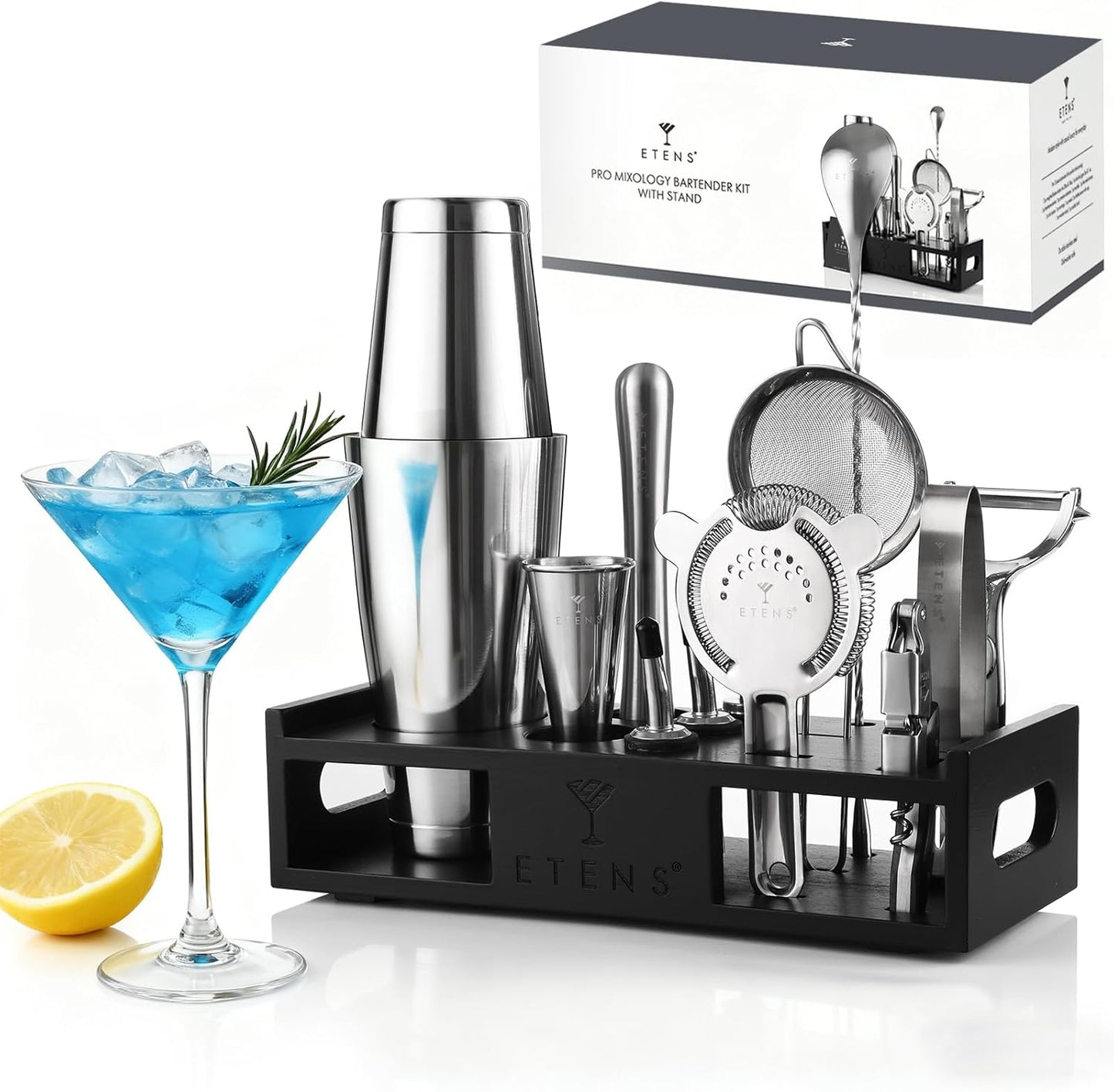 ETENS Cocktail Shaker Set Drink Mixer Bar Accessories – 15Pcs Mixology Bartender Kit Includes Boston Shaker, Japanese Jigger, Strainer, Bottle Opener, Cocktail Mixing Spoon – Handcrafted Wood Stand