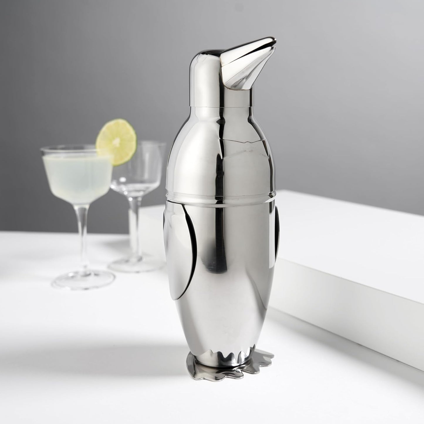 Viski Penguin Cocktail Shaker with Strainer, Stainless Steel Cobbler Shaker for Margaritas, Whiskey Sours & Other Cocktails, Penguin Gifts for Home Bar, Cocktail Party Essentials, 17 oz