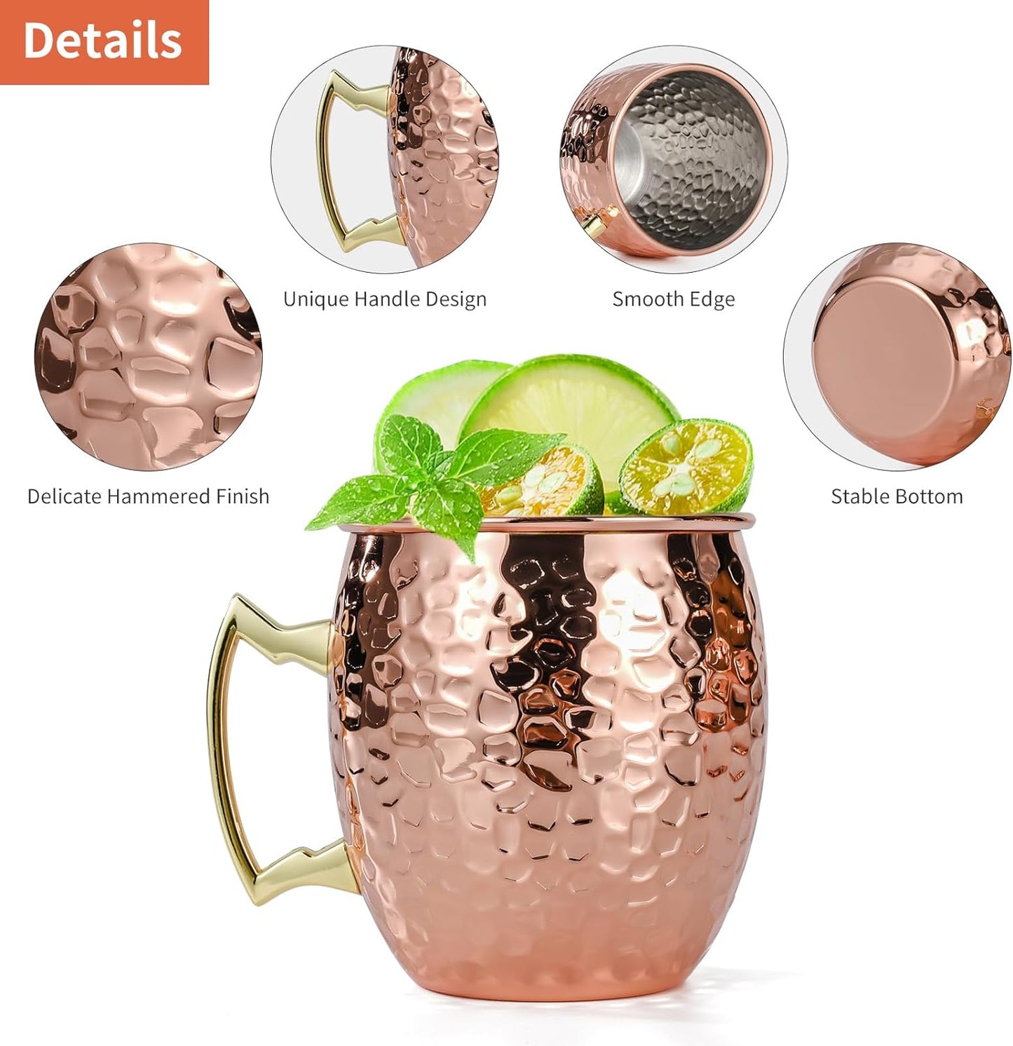 Amrules Moscow Mule Mugs Set of 4, 16 OZ Hammered Copper Cups with 304 Stainless Steel Lining and Gold Brass Handles, for Cold Drinks, Beer, Wine, Bars, Parties