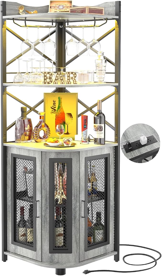 Aheaplus Corner Bar Cabinet with Power Outlet, Industrial Liquor Cabinet - White Oak