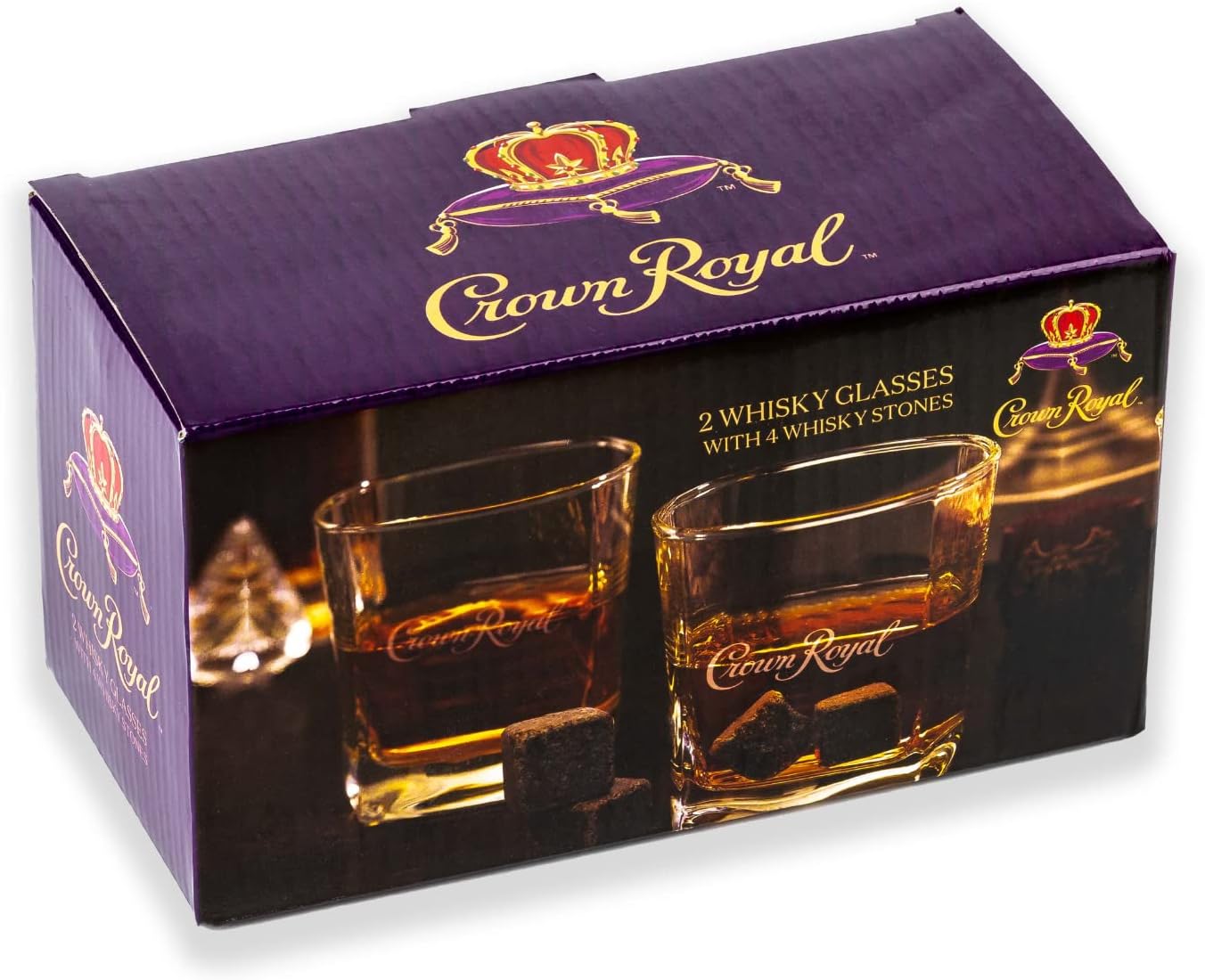 Whiskey Glasses Set of 2 Crown Royal Whiskey Glass and Stone Set 2 Scotch Glasses and 4 Unique Chilling Granite Rocks | Whiskey Stone Gift Set for Men Compatible
