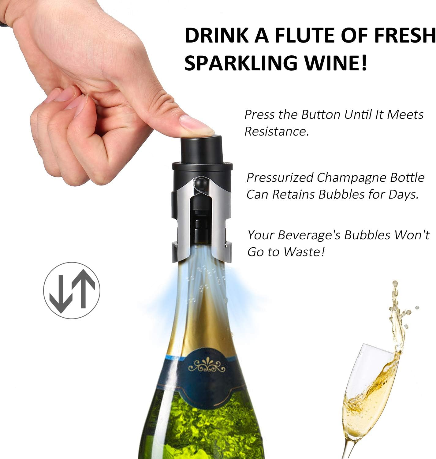 HYZ 2-Pack Champagne Stoppers Wine Saver, Sparkling Wine Vaccum Stoppers with Built-in Pump for Champagne, Prosecco and Cava - Stainless Steel + ABS Champagne Bottle Stoppers, Black