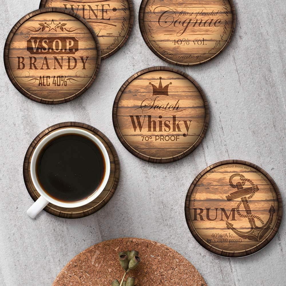 Britimes Set of 6 Coaster for Drinks Absorbent with Cork Base, Metal Holder, Wooden Texture Round Stone Drink Mat for Coffee Wood Table, Gift for Birthday, Farmhouse Housewarming Room Bar Decor
