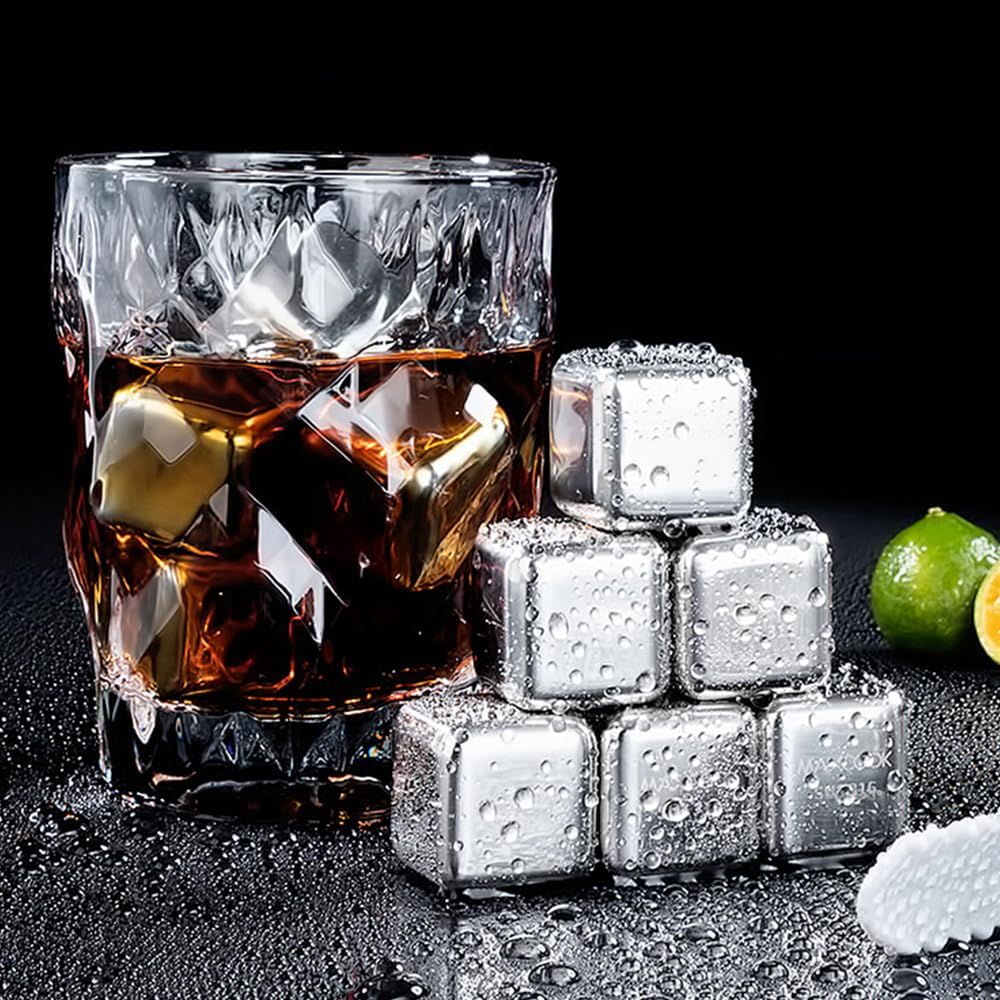 6 Small Whiskey Stones - Man Gift Set - Reusable Stainless Steel Metal Ice Sphere Cubes Beverage Chilling Rocks Whiskey Stones for Red Wine, Bar Beer, Scotch, Vodka Drinks - Silver