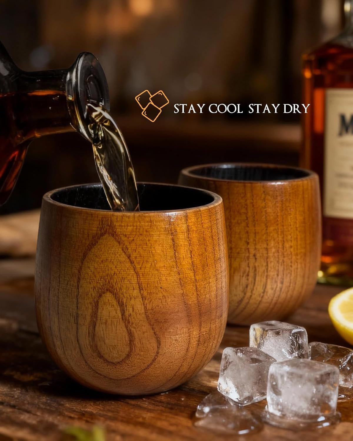 Coralogo Wooden Bourbon Glasses Set of 2 - Charred Interior Whiskey Cups with Exquisite Barrel Gift Box, Handcrafted Wooden Whiskey Gift for Men Dad Husband - Birthday Anniversary Retirement