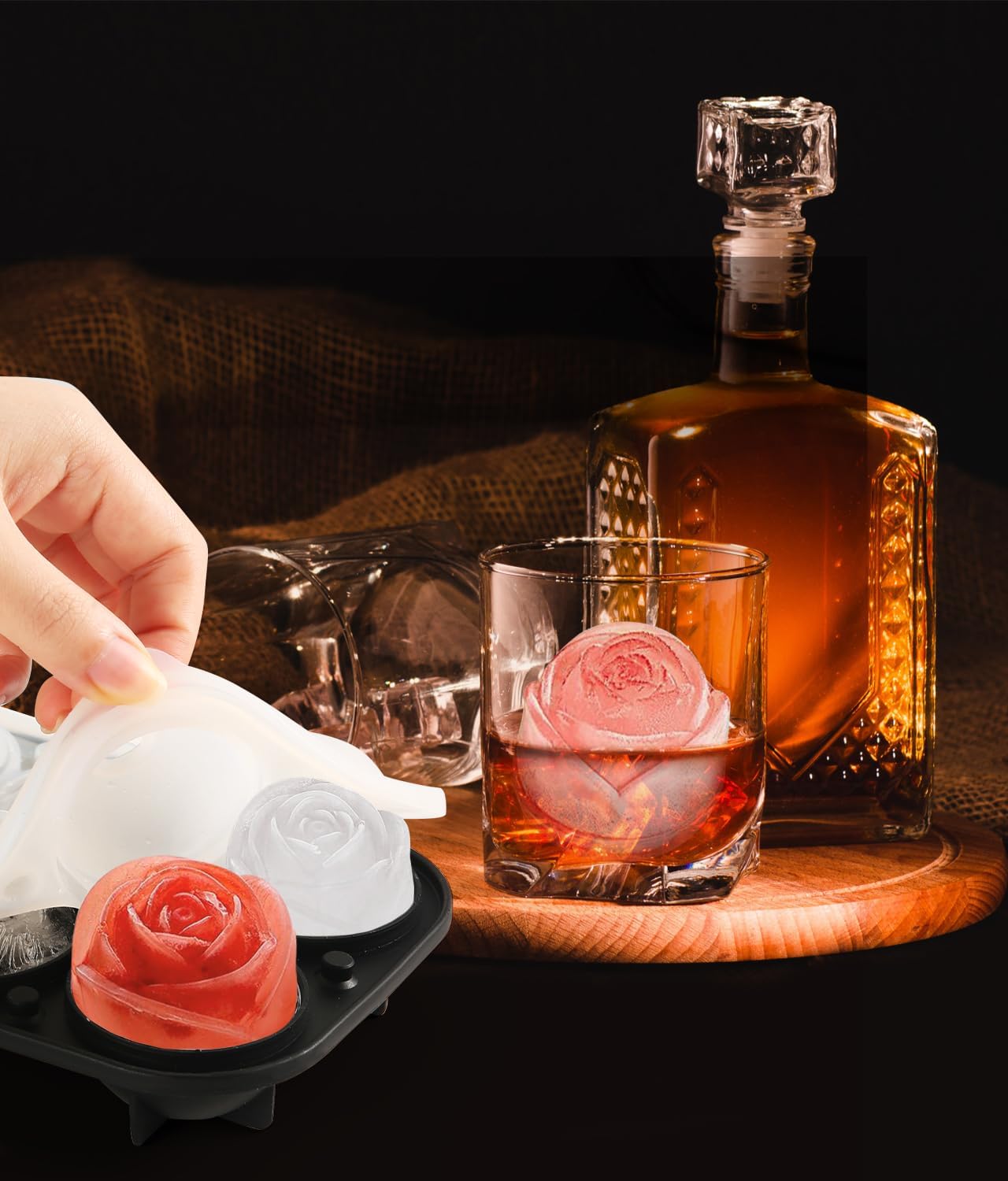 2Pack Silicone Square and Round Ice Cube Trays for Freezer - Sphere, Rose, Diamond Ice Molds for Whiskey, Cocktails & DIY, Black