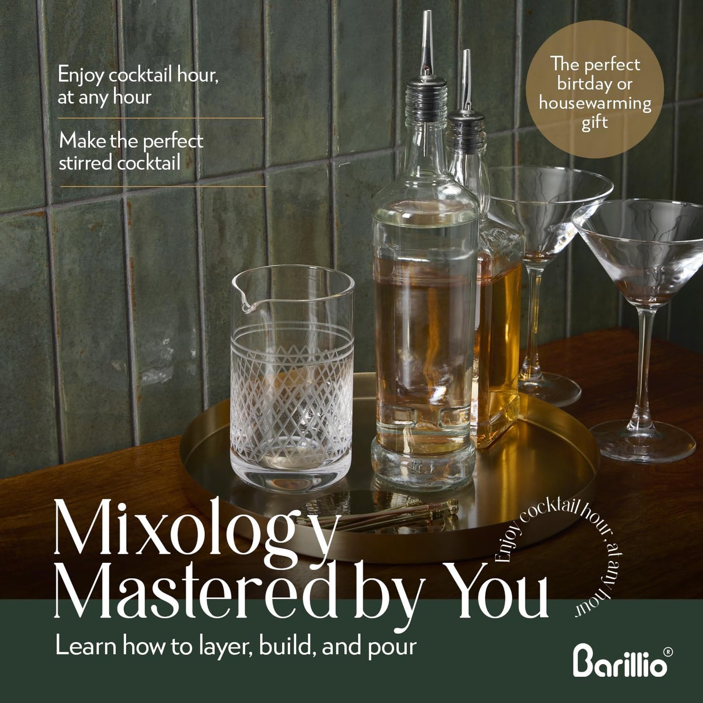 Barillio Crystal Cocktail Mixing Glass - 20 Oz (600 ml) Seamless Weighted With Thick & Sturdy Bottom Cocktail Stirring Pitcher | Old Fashioned Beaker - Bartender Mixology Accessories to Stir Cocktails