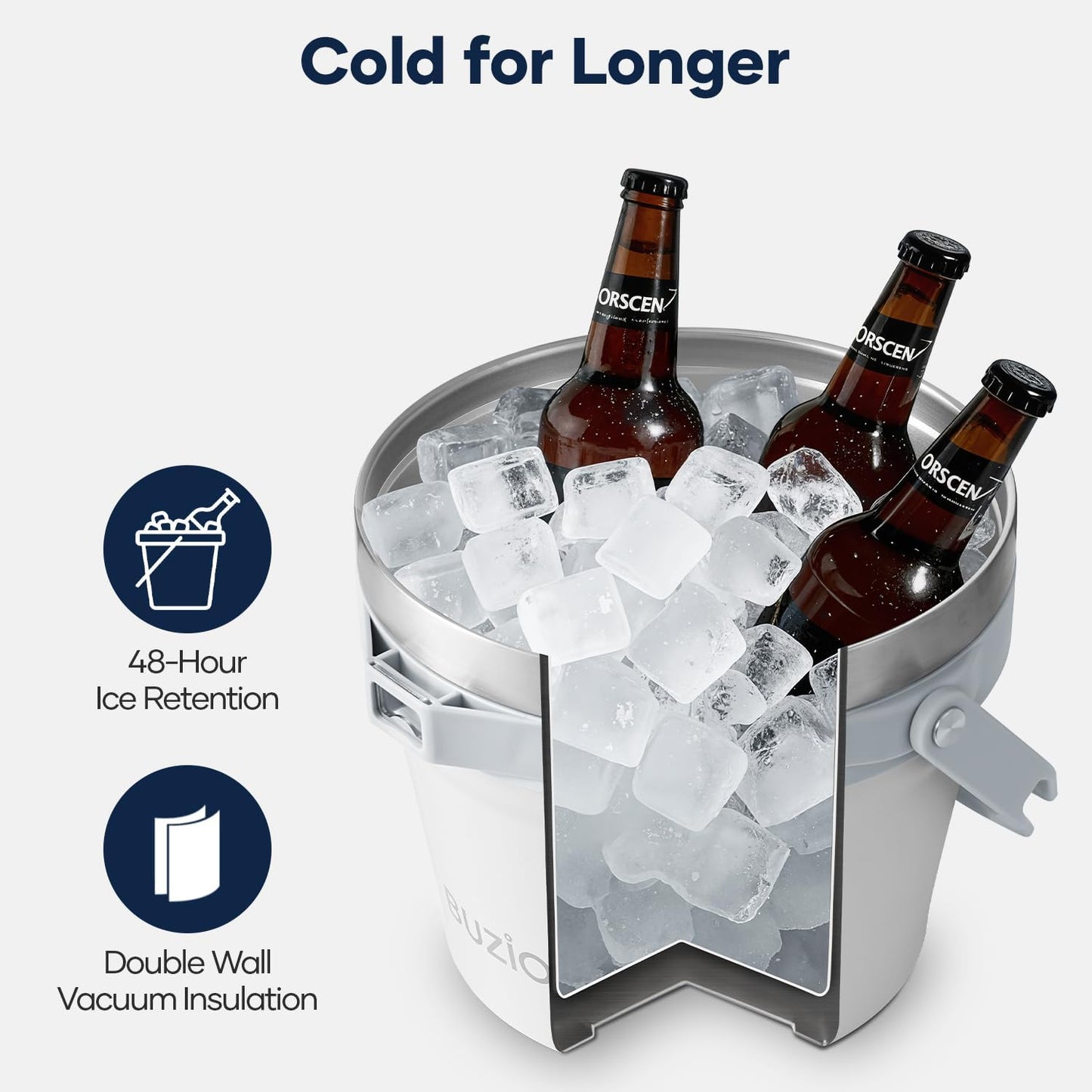 BUZIO 7.4 Qt/7 L Ice Bucket for Parties with Lid and Scoop & Tongs, Double Wall Vacuum Insulated Stainless Steel, Holds 6 Longnecks or 3 Wine Bottles, Large Beverage Bucket for Champagne, White