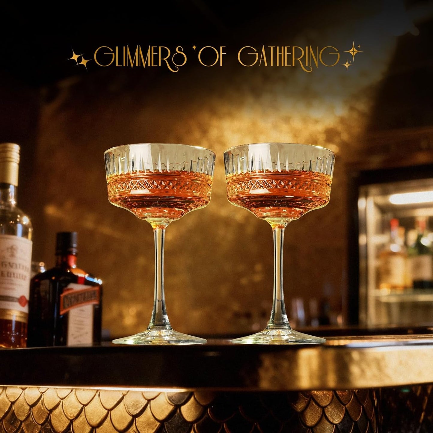 VIMERPA Coupe Glasses, Gold Rim Martini Coupe Glasses Set of 4, 8 oz Classic Cocktail Glassware - Champagne, Manhattan, Cosmopolitan Crystal Goble，Vintage Art Deco Luxury