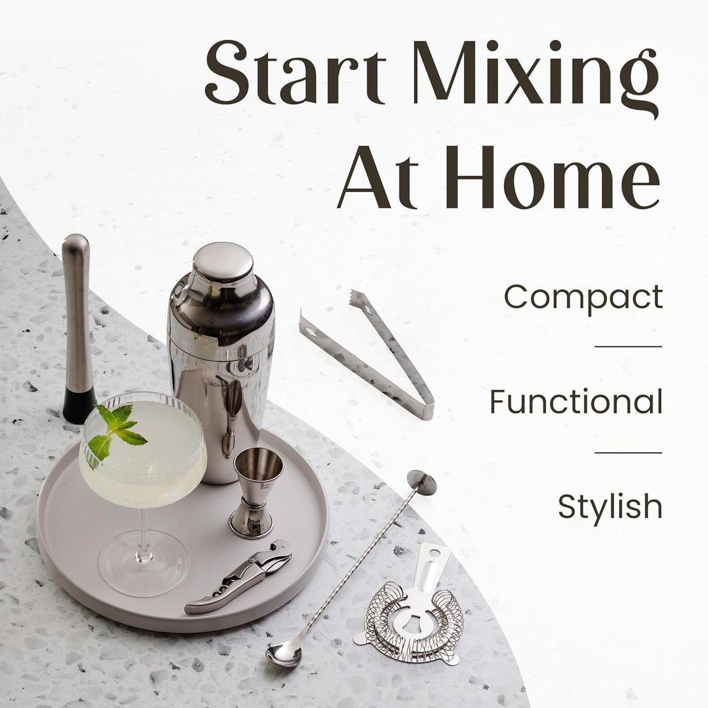 Mixology & Craft Cocktail Shaker Set with Bamboo Stand - Professional 10-Piece Bartender Kit - Complete Bar Set & Cocktail Mixer Kit for Home (Silver)