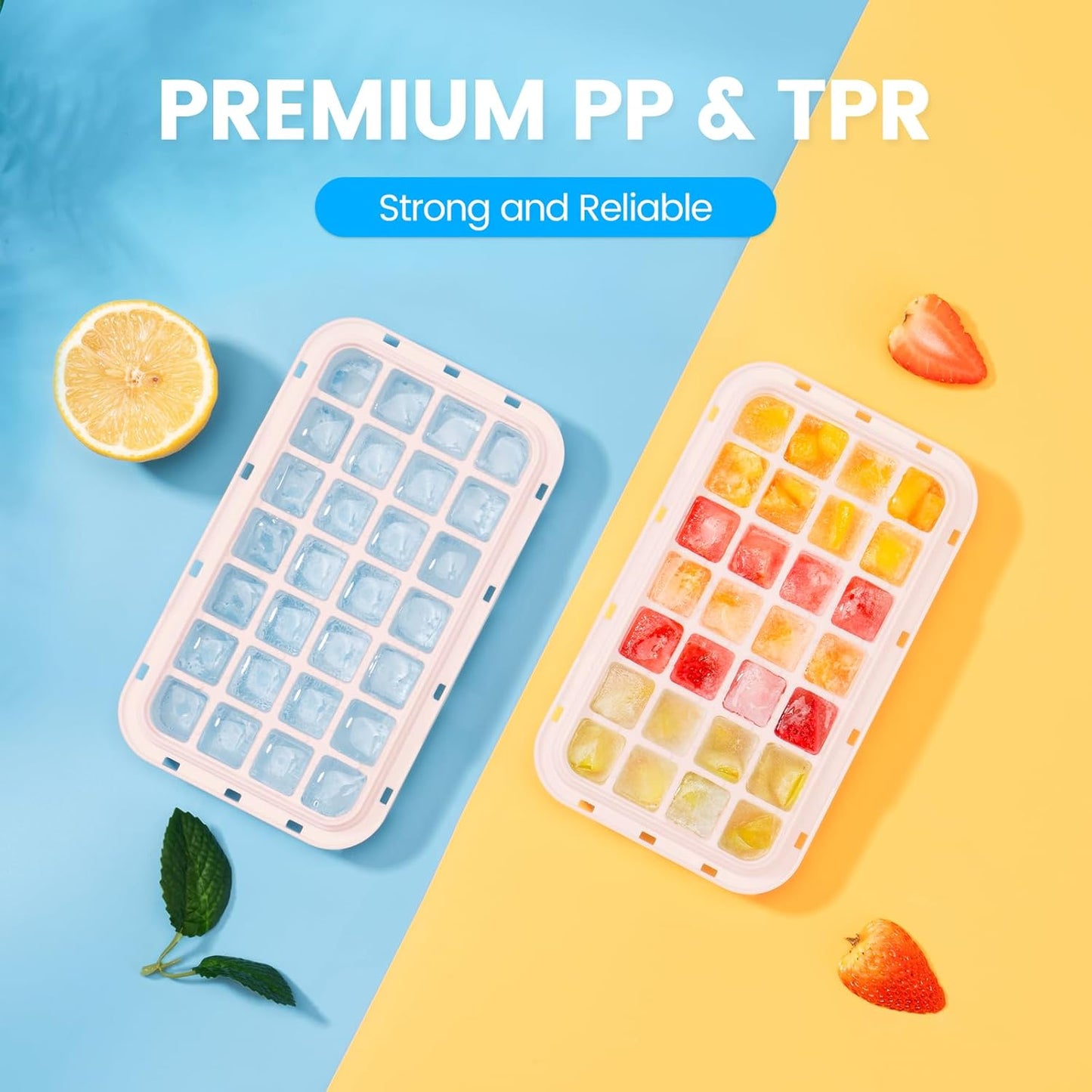 PHINOX Ice Cube Tray with Lid and Bin, Ice Trays for Freezer, Flexible Ice Cube Trays, Making 56 pcs Ice Cubes, Chilling Cocktail, Whiskey, Coffee, with 2 trays, Ice Container, Scoop&Cover, BPA Free