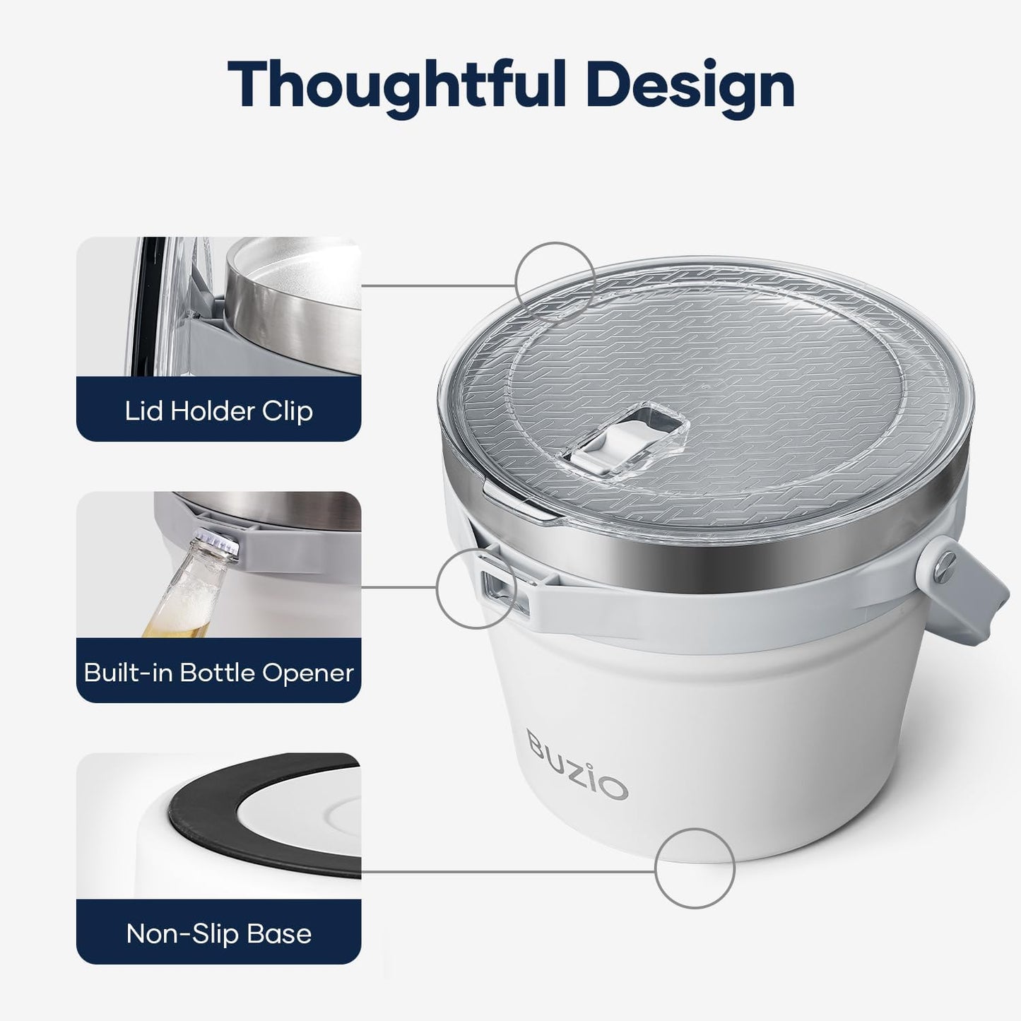 BUZIO 7.4 Qt/7 L Ice Bucket for Parties with Lid and Scoop & Tongs, Double Wall Vacuum Insulated Stainless Steel, Holds 6 Longnecks or 3 Wine Bottles, Large Beverage Bucket for Champagne, White