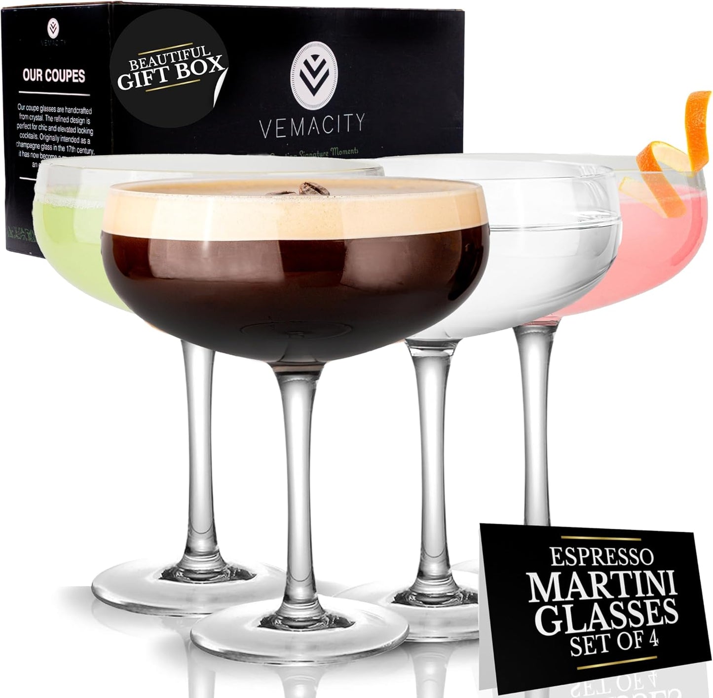 VEMACITY - Elegant Espresso Martini Glasses Set of 4 (10oz) - Classic Coupe Glasses for Martinis, Champagne, Margaritas | Handblown Crystal Cocktail Glassware | Ideal for Martinis and Cocktails