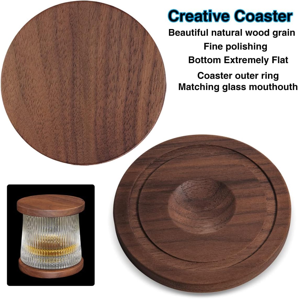 Whiskey Glasses Set of 2, Rotatable Tumbler Crystal Glass Cups, Drinking Glasses with 2Pcs Creative Walnut Coasters and Gift Box - for Scotch,Bourbon,Cocktails