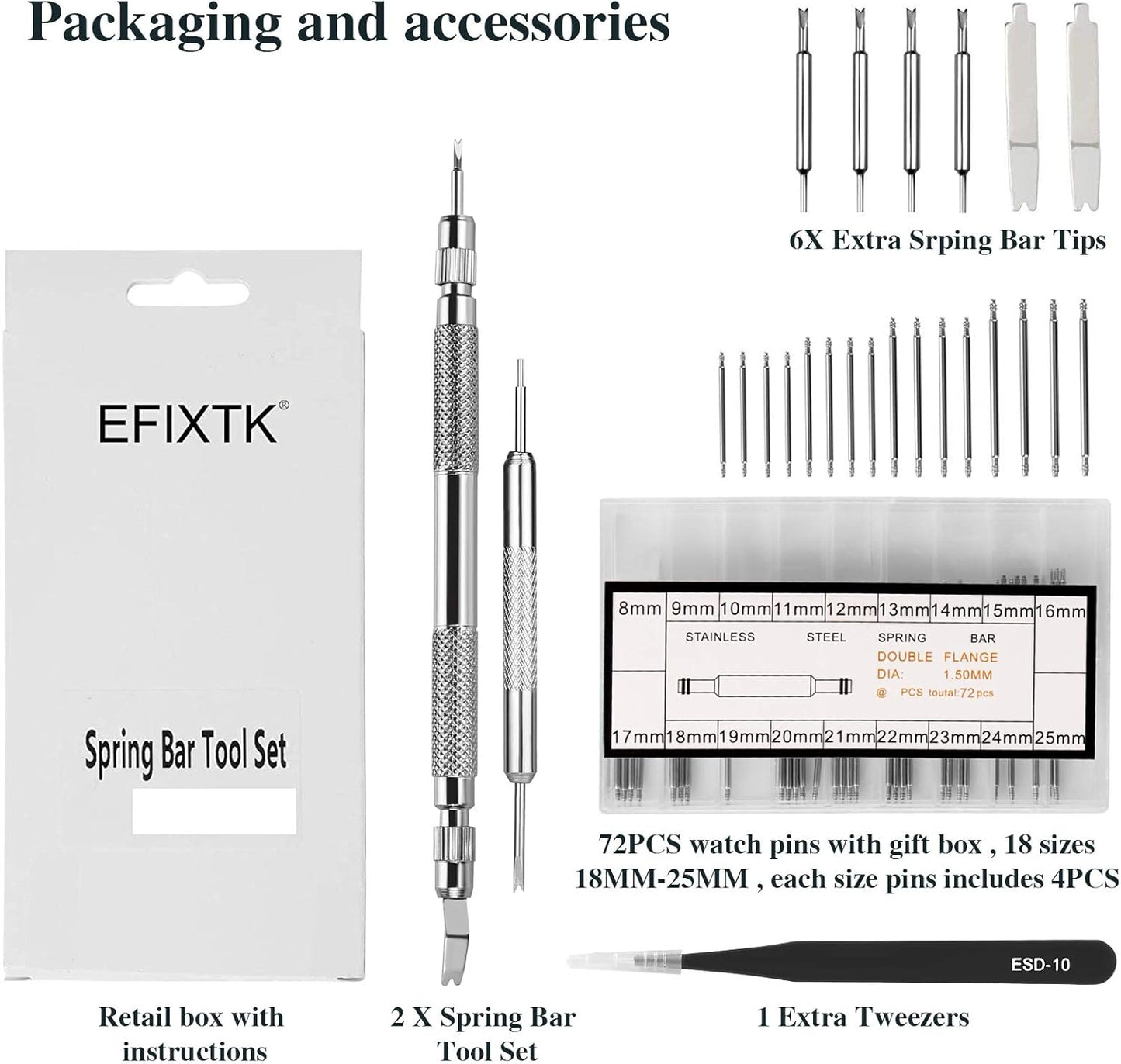EFIXTK Spring Bar Tool Set with Extra 6 Tips Pins for Watch Wrist Bands Strap Removal Repair Fix Kit,72PCS Extra Watch Pins