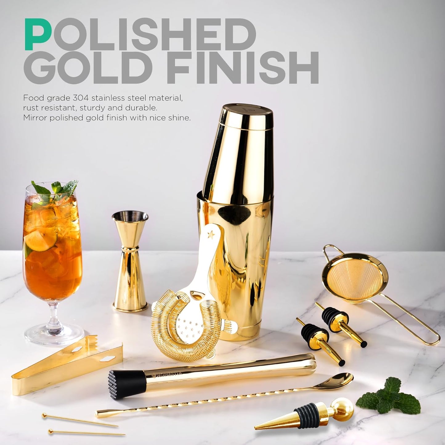 Homestia Cocktail Shaker Set, Bartending Kit: Weighted Boston Shaker Tin, Hawthorne Strainer, Jigger, Bar Spoon and Muddler, Professional Stainless Steel Bar Tool for Beginner (Gold)