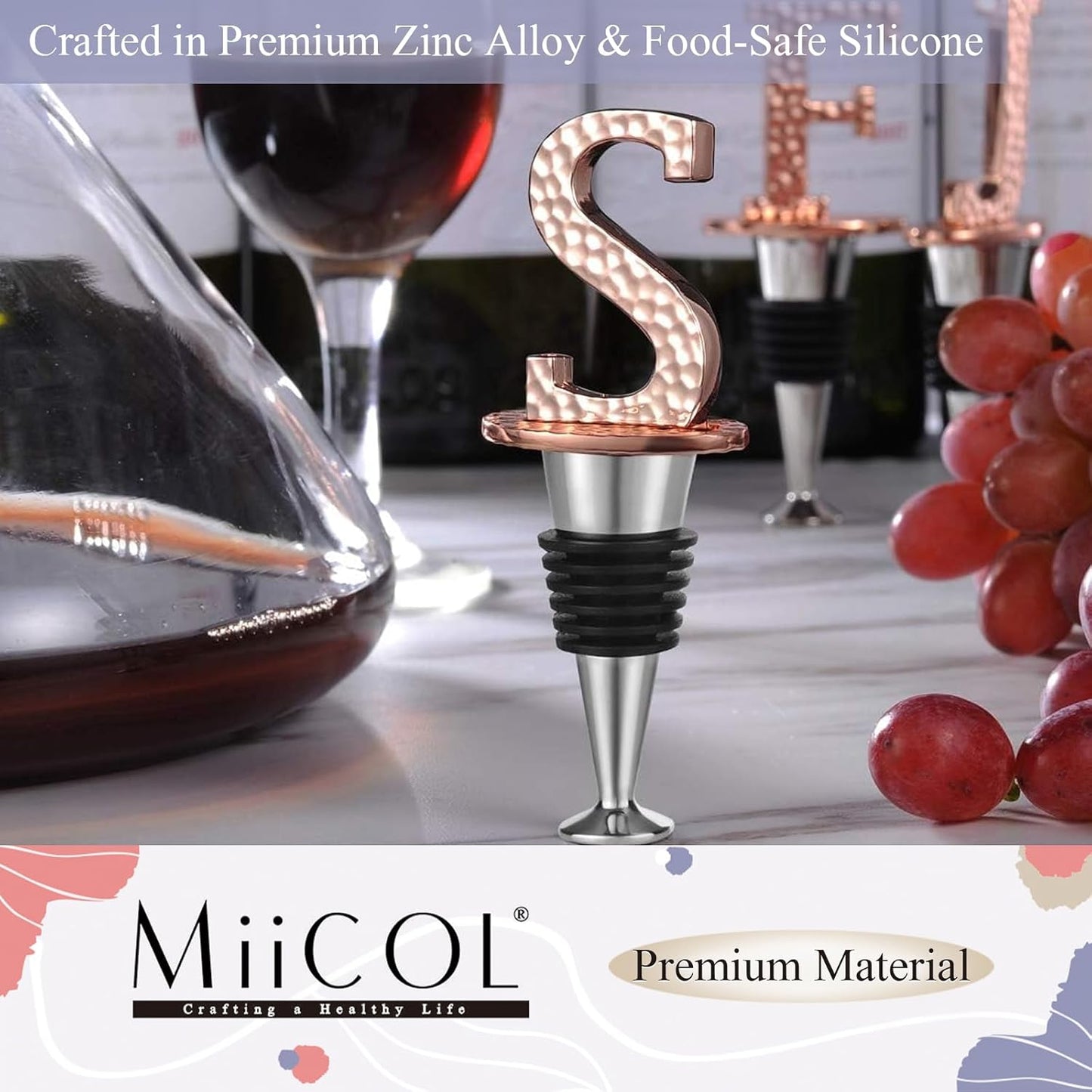 Miicol Wine Stopper, Prosecco Topper, Personalised Champagne Stopper, Rose Gold Wine Bottle Accessories, Wine Lovers Gift, Monogram Gift, Letter S