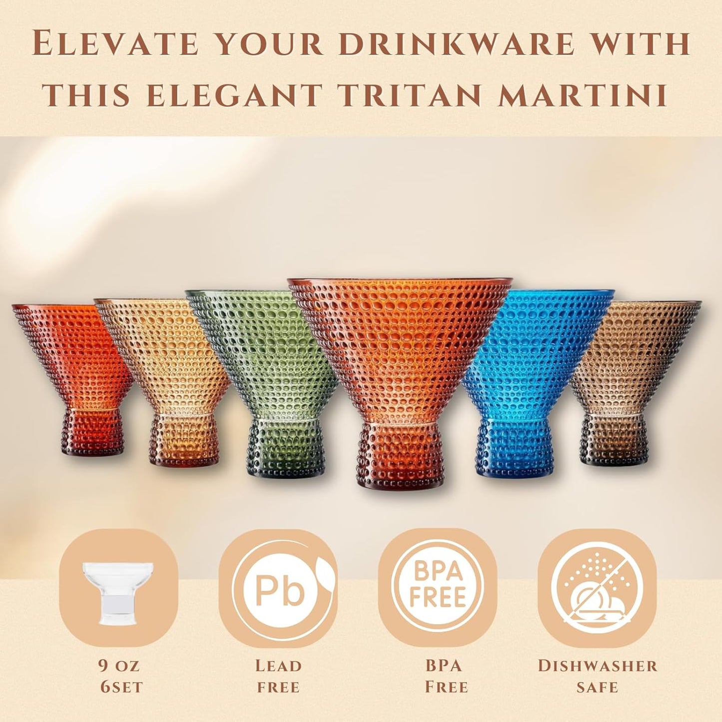 Khen Plastic Hobnail Martini & Cocktail Drinking Glasses Set of 6 Neutral Tones Cups 14oz, Shatterproof & Unbreakable Acrylic Beaded Design, BPA-Free, Dishwasher Safe Indoor/Outdoor Drinkware Water