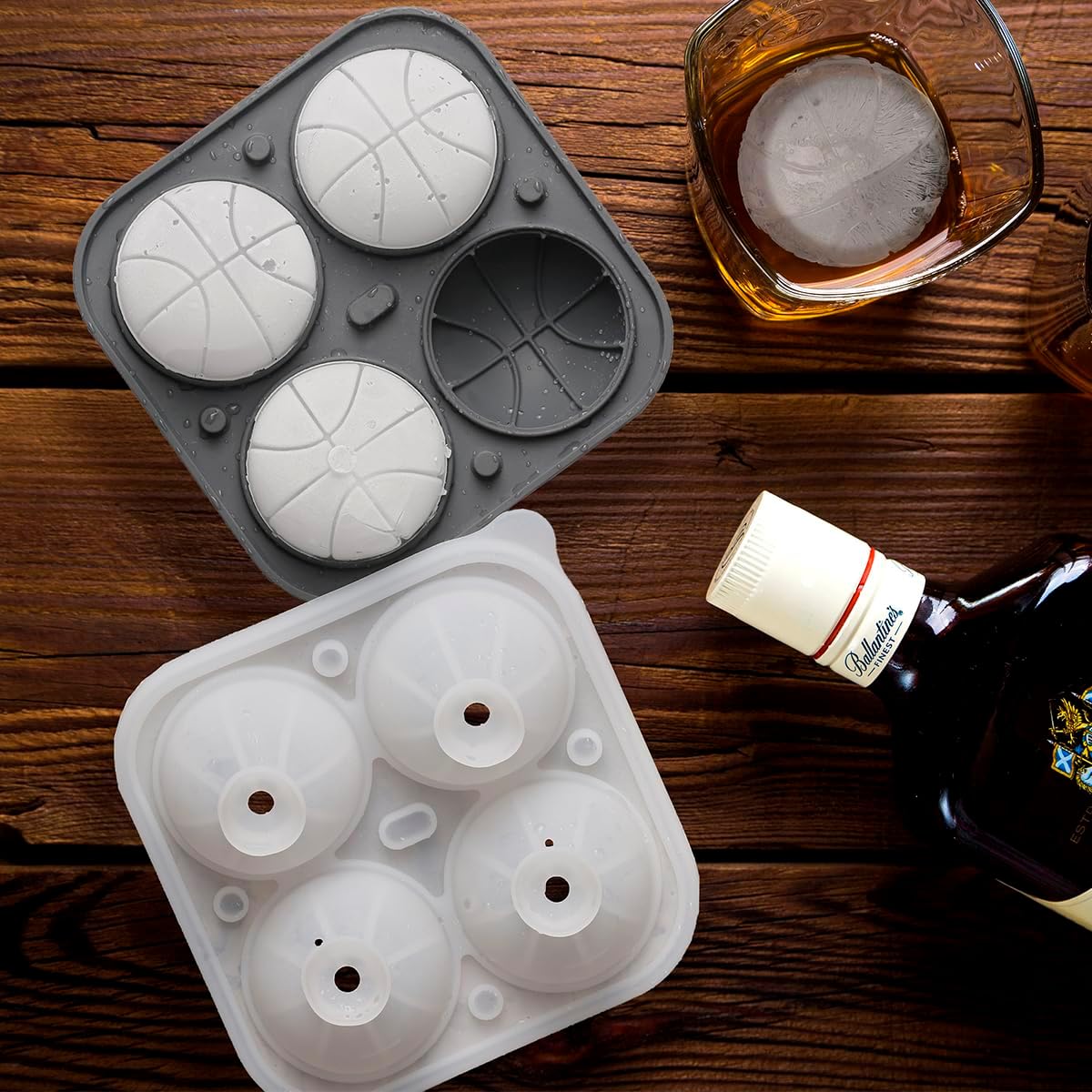 Ice Ball Mold, Large Basketball Shaped Silicone Round Ice Cube Tray with Funnel Lid for Freezer, 4 Cavities Big Sphere Ice Molds for Whiskey/Cocktail/Fruit Drinks/Ice Cream/Wax Melt/Candle