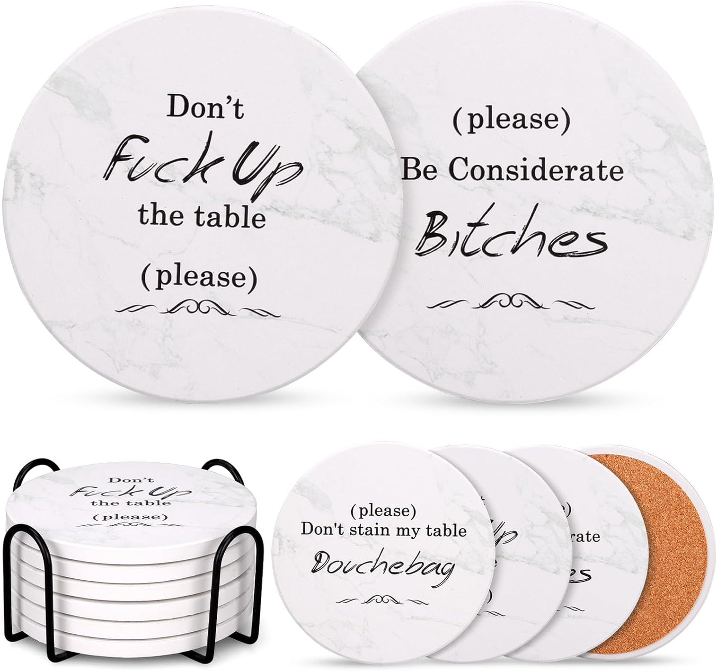 White Elephant Gifts for Adults, Funny Christmas Coasters Set of 6 with Holder Christmas Stocking Stuffers for Men Women, Best Absorbent Round Ceramic Coasters for Coffee Table, Drink, Beer, Bar, Wine