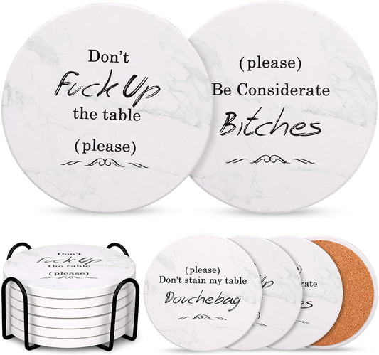 White Elephant Gifts for Adults, Funny Christmas Coasters Set of 6 with Holder Christmas Stocking Stuffers for Men Women, Best Absorbent Round Ceramic Coasters for Coffee Table, Drink, Beer, Bar, Wine