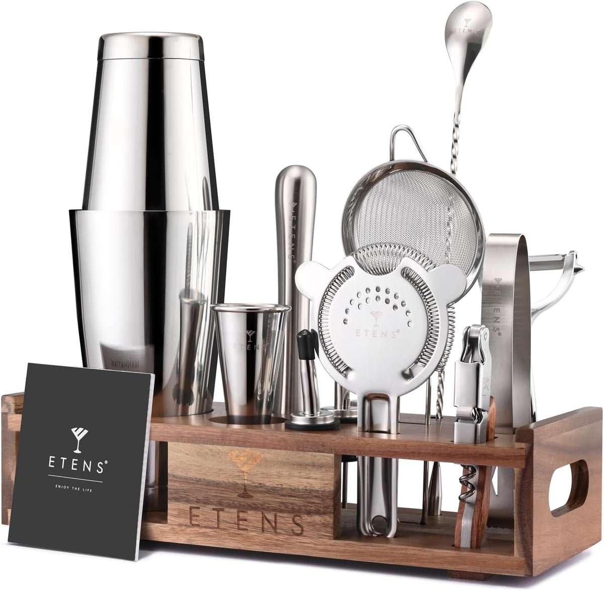 Premium 15-Piece Mixology Bartender Kit – Stainless Steel Cocktail Shaker Set with Wooden Stand | Professional Boston Shaker Bar Tool Set for Home & Expert Mixologists | Luxury Cocktail Making Gift - Walnul Stand