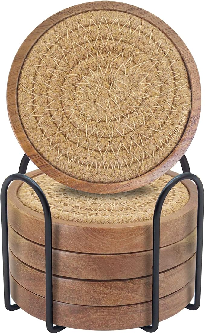 Wood Coasters for Drinks, Eykao Absorbent Coaster Sets of 5, Woven Drink Coasters for Coffee Table, Housewarming Gift for Farmhouse Home Decor,4 inches - Brown (With Holder)