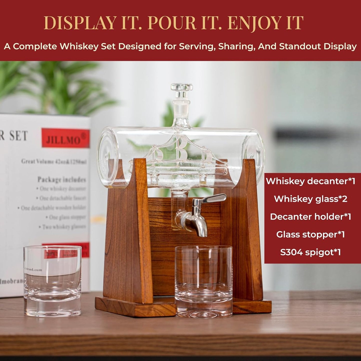 Jillmo Ship Whiskey Decanter Set for Men, 1250ml Liquor Decanter Gift with Ship Inside, 2 Whiskey Glasses & Wooden Stand, Bourbon Scotch Decanter Gift for Dad Husband Home Bar